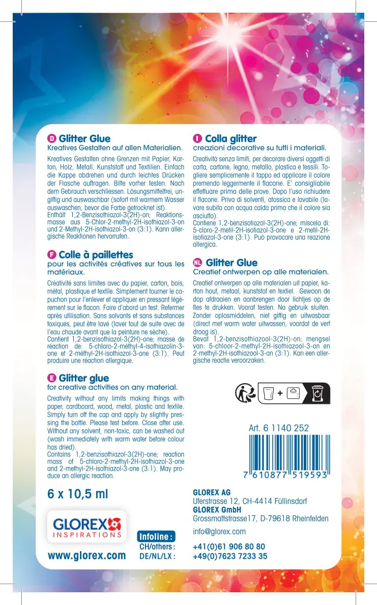 Glorex Glitterglue Stifte Rainbow 6 x 10,5 ml