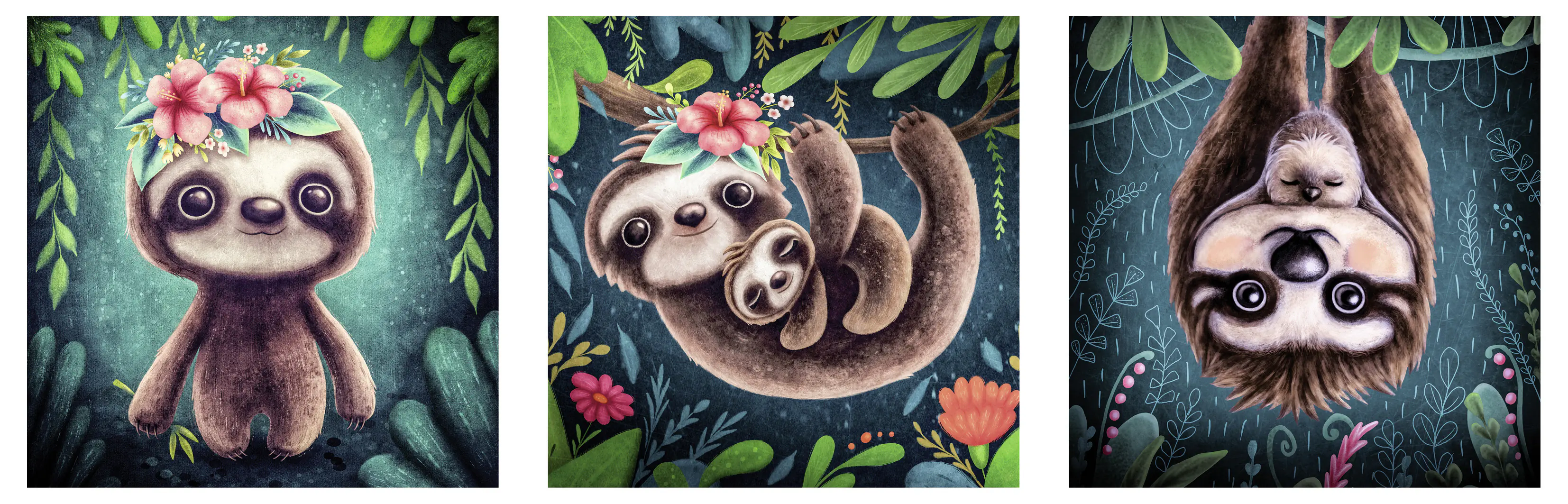 Keilrahmenbild Faultier 25 x 25 cm 3 Stück