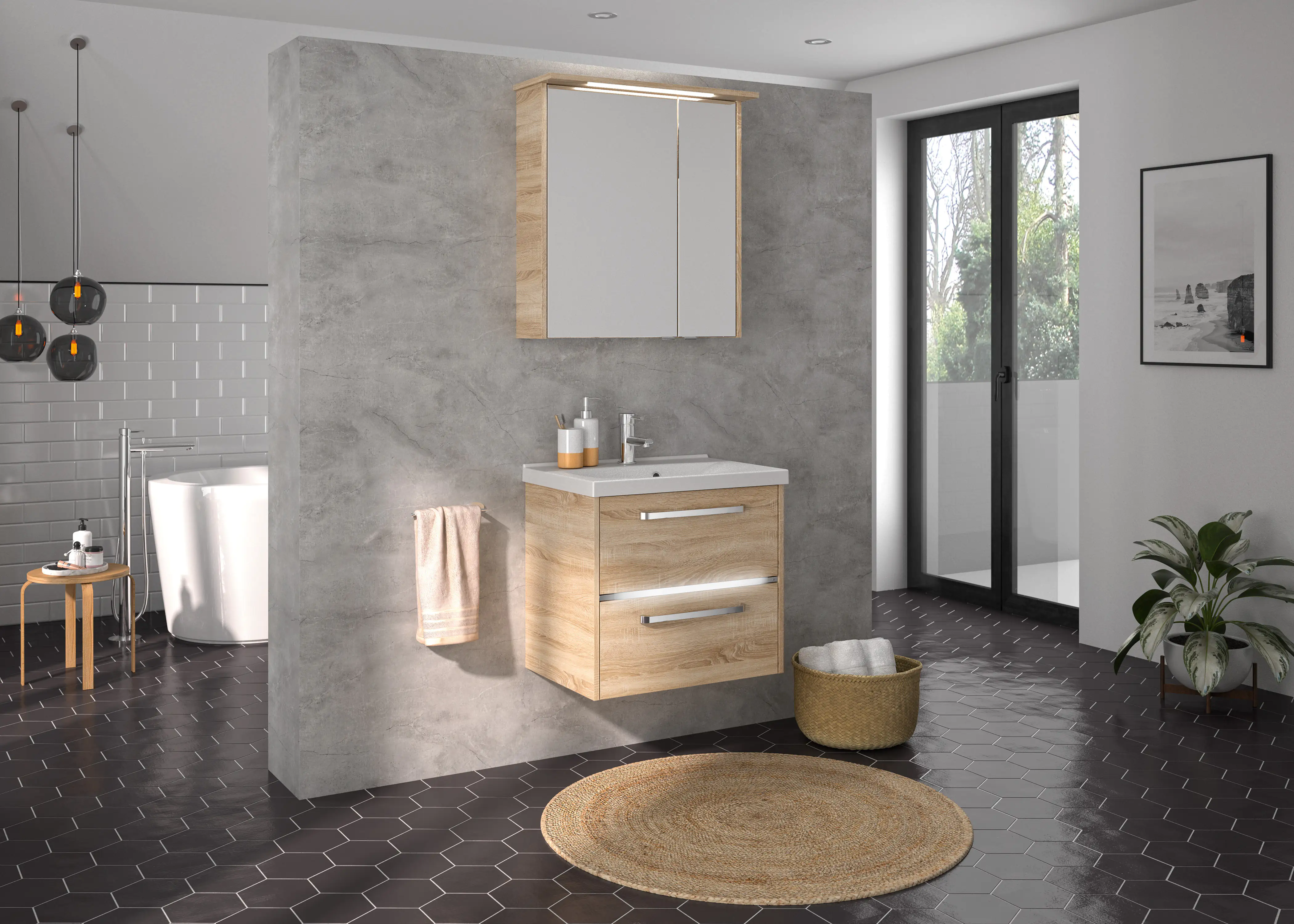 Primaster Badmöbelset Berlin eiche 65 cm Twin LED, Mineralgusswaschtisch