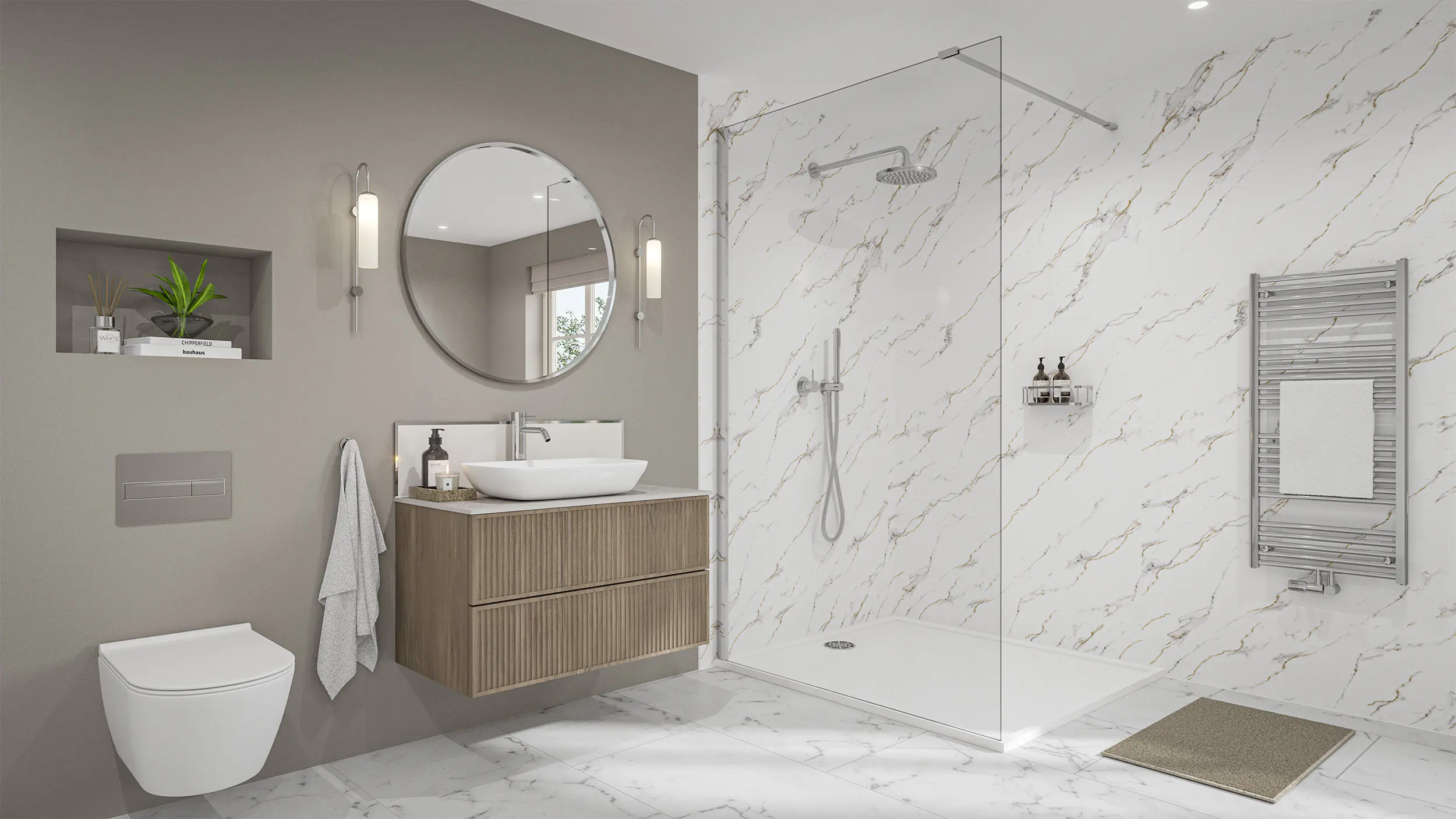 Wetwall Elite Wandpaneel  Bianco Carrara 120 x 242 cm mit abgerundeter Abschlusskante