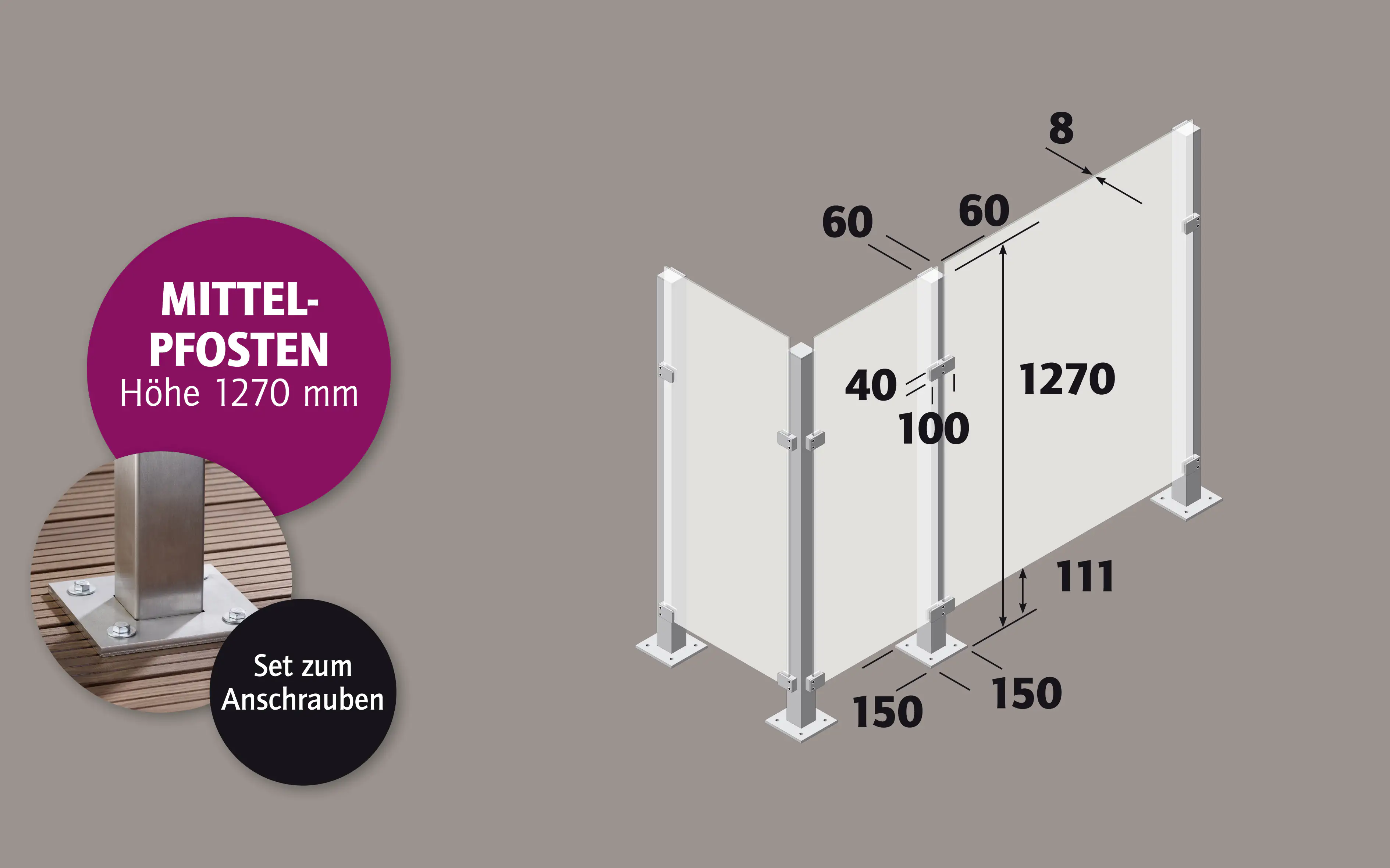Ambiente Mittelpfosten-Set zum ANSCHRAUBEN 127 cm 6 x 6 cm Edelstahl V2A Ambiente Mittelpfosten-Set zum ANSCHRAUBEN 127 cm 6 x 6 cm Edelstahl V2A