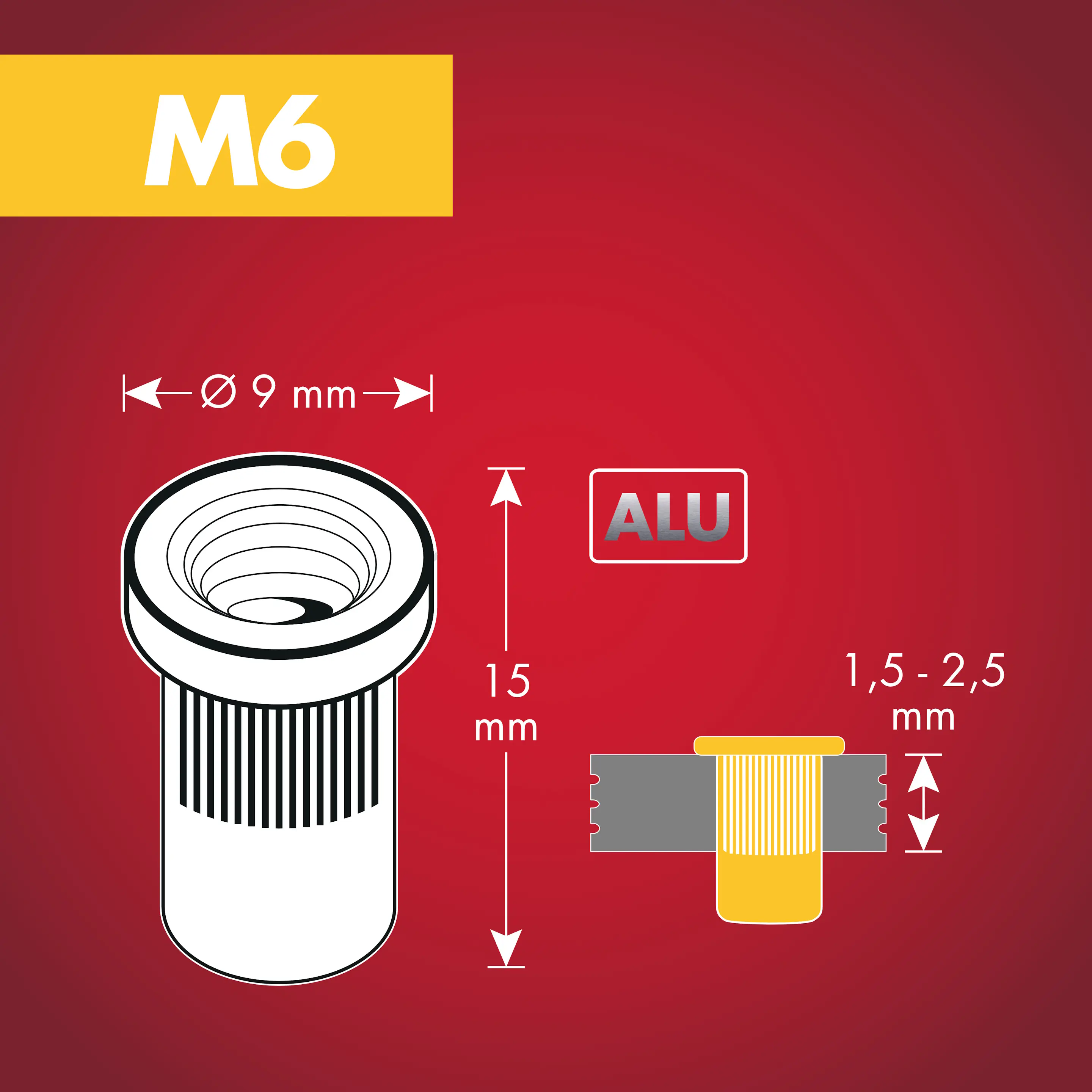 Arrow Blindnietmutter Typ M6 Ø 9 x 15 mm mit M6 Gewinde Aluminium 50 Stück
