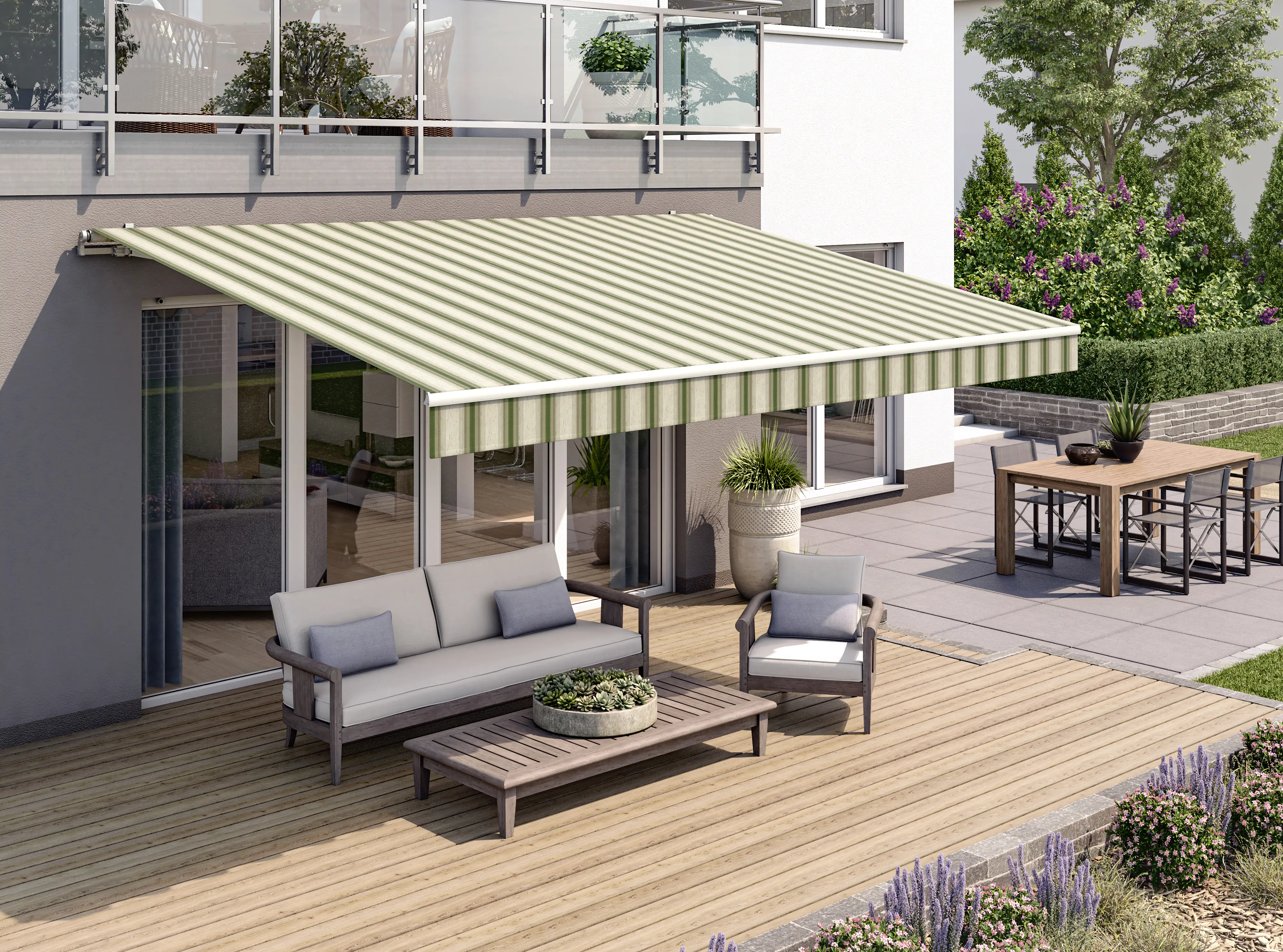 Gelenkarmmarkise Classic gelb-grau gestreift inkl. Motor, Handsender, Solar Panel