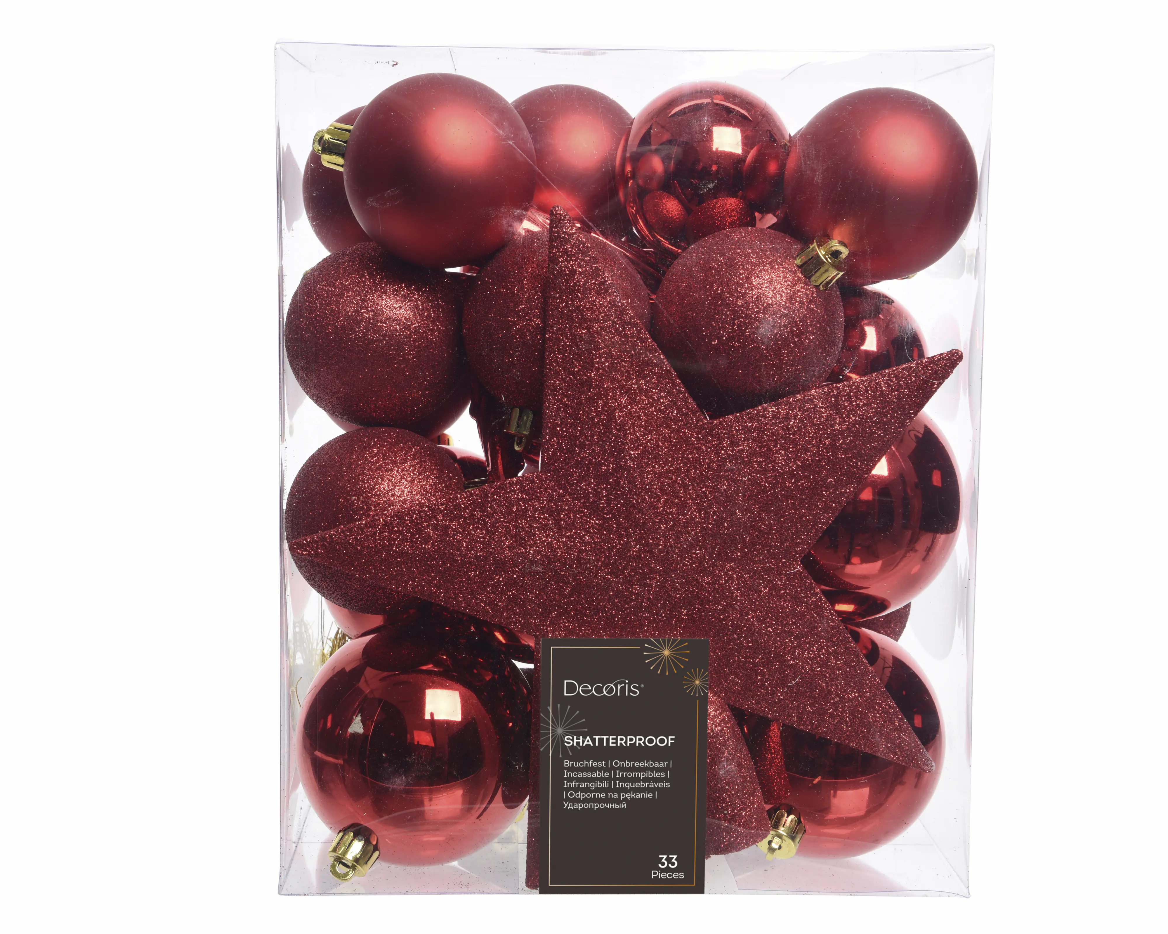 Decoris Weihnachtskugeln-Set aus Kunststoff Ø 8 cm weihnachtsrot 33-teilig
