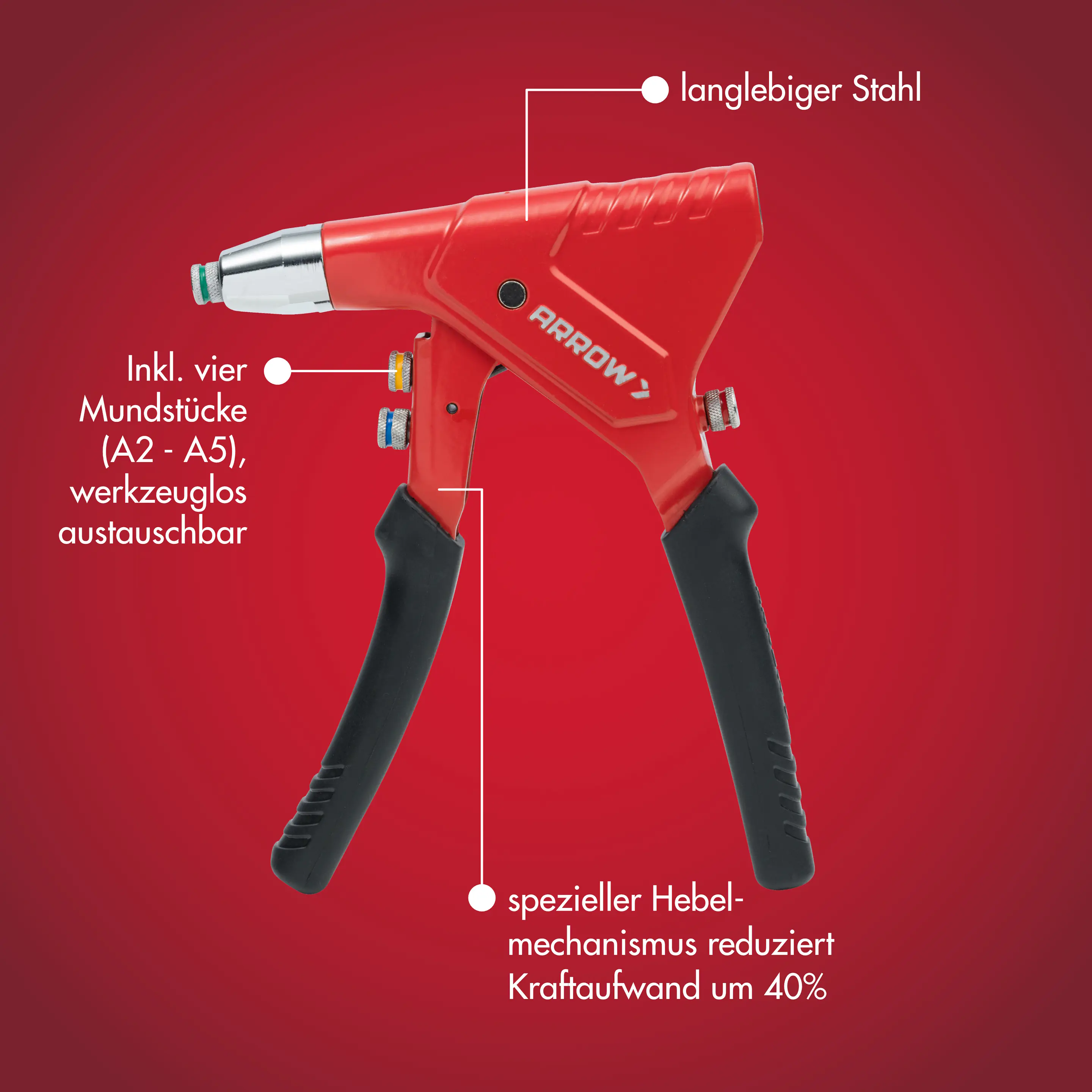 Arrow Blindnietzange RT189 Set 20,5 cm inkl. 100 Nieten, 4 HSS-Bohrer & 4 passende Mundstücke