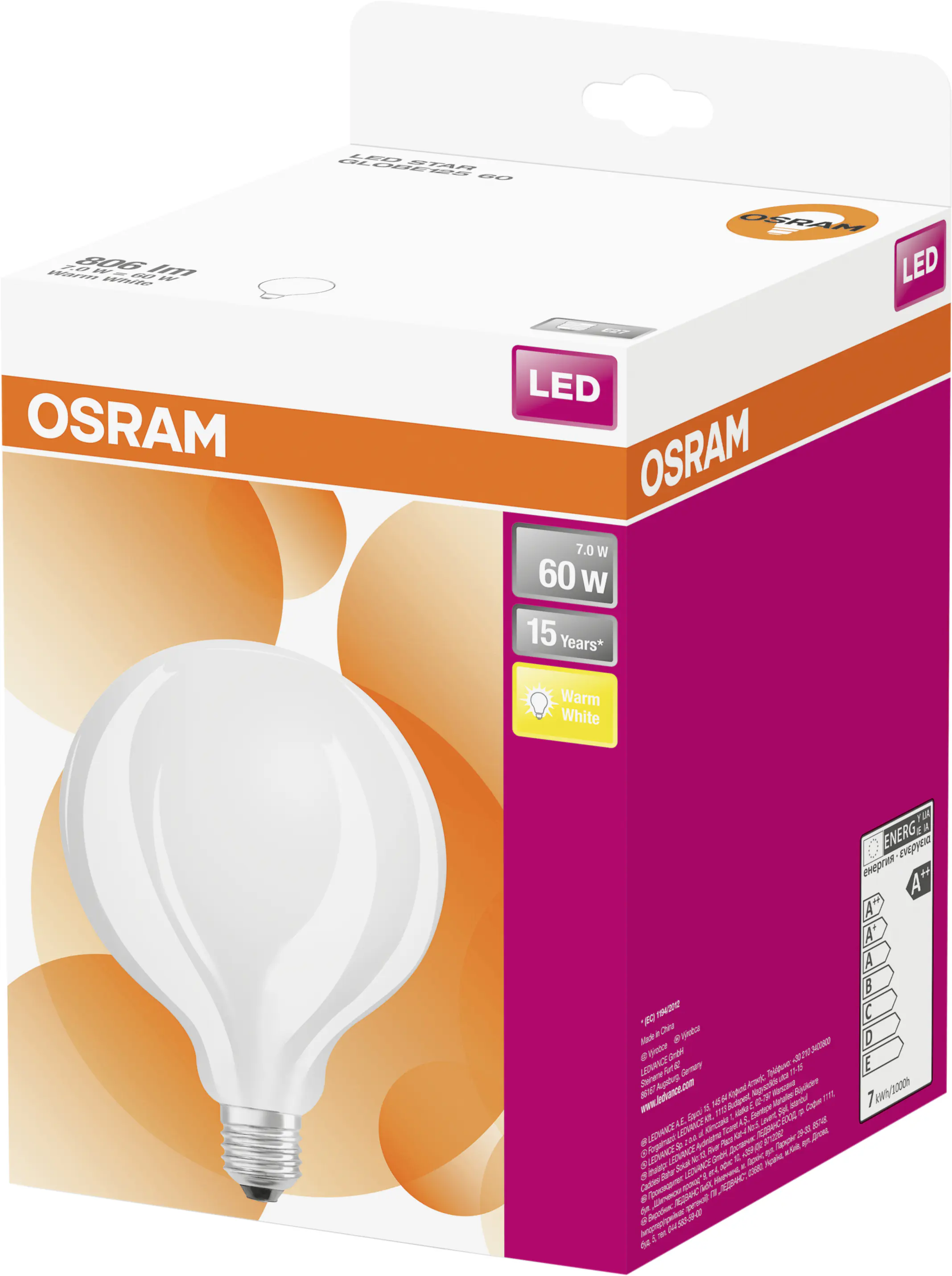 Osram LED Leuchtmittel Globe 125 E27 7W warmweiß, weiß matt