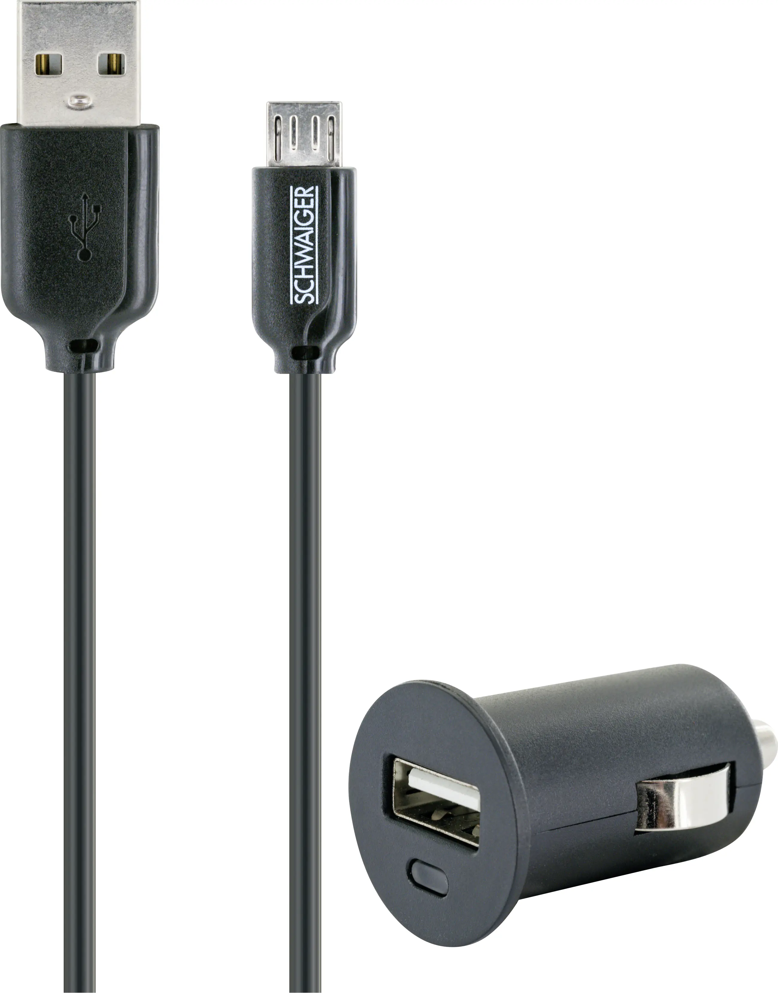 Schwaiger Ladeset Micro USB 1 m,12V, 2,4 A, KFZ-Ladeadapter, schwarz