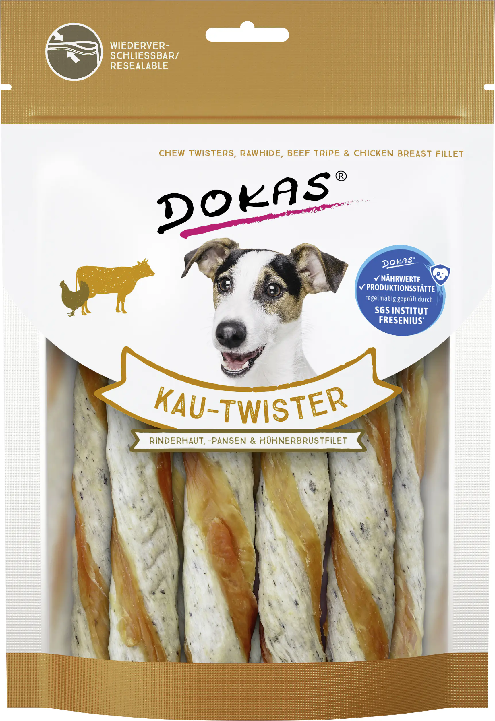 Dokas Kau-Twister Rinderhaut 200 g, Pansen & Hühnerbrustfilet