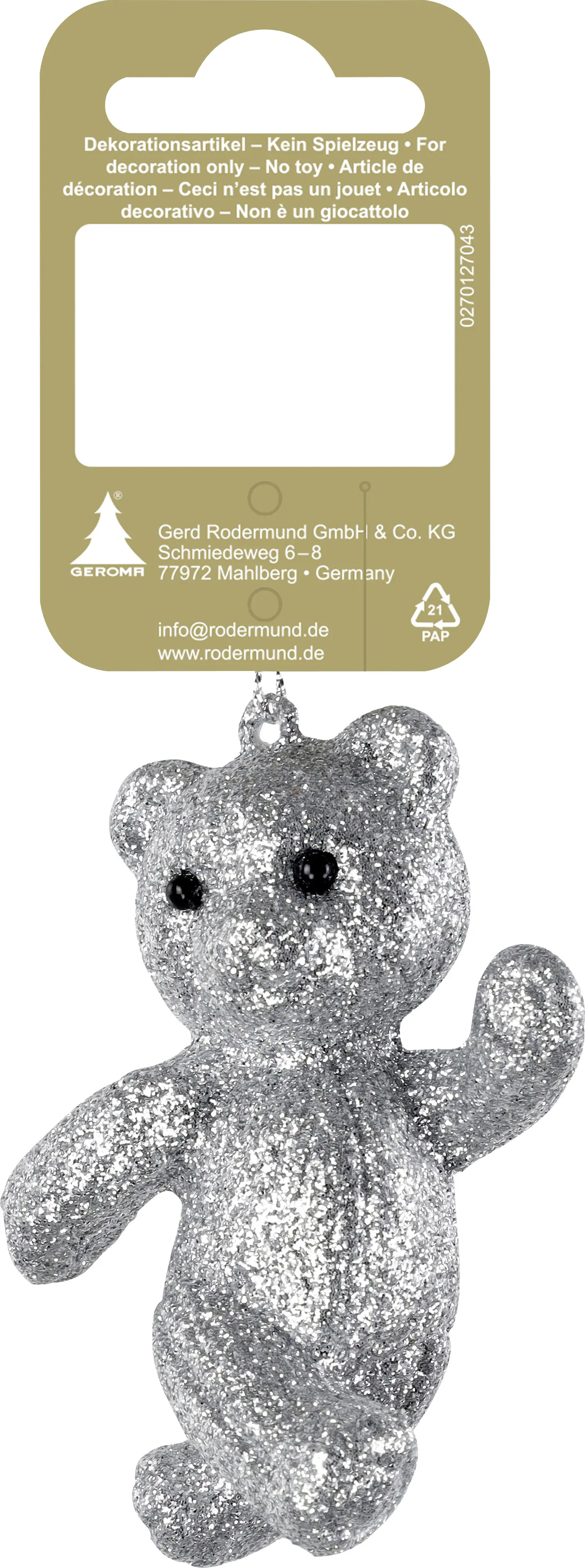 Weihnachtsanhänger Teddybär aus Kunststoff 9 cm silber