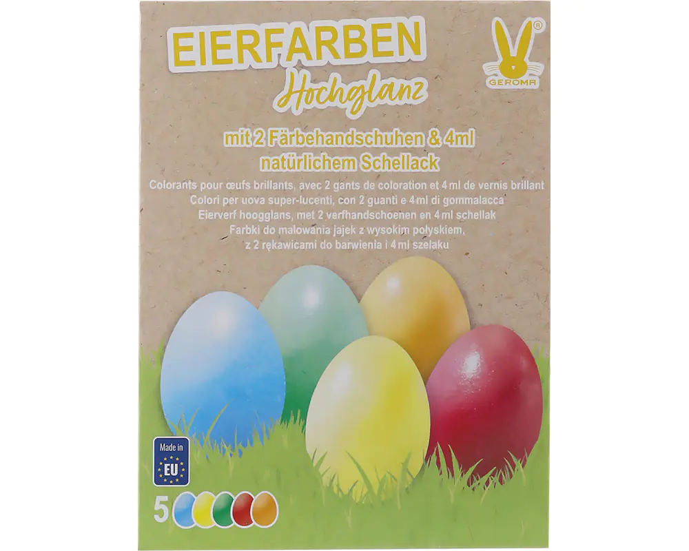 Eierfarben Hochglanz 5 Farben mit Schellack und Färbehandschuhen  Eierfarben Hochglanz 5 Farben mit Schellack und Färbehandschuhen