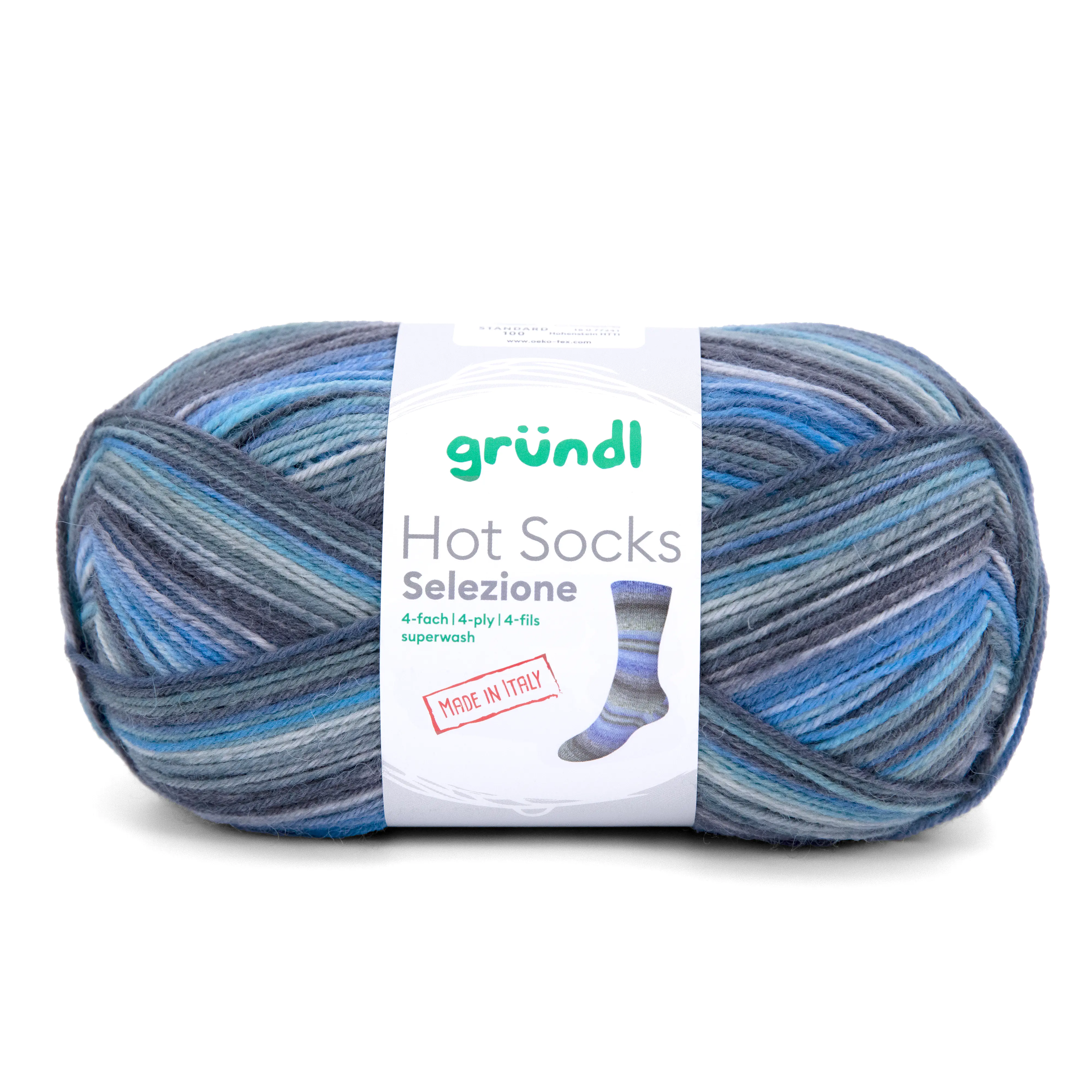 Gründl Sockenwolle Hot Socks 100 g 4-fach, signalblau-schwarzgrau-minzmakrone