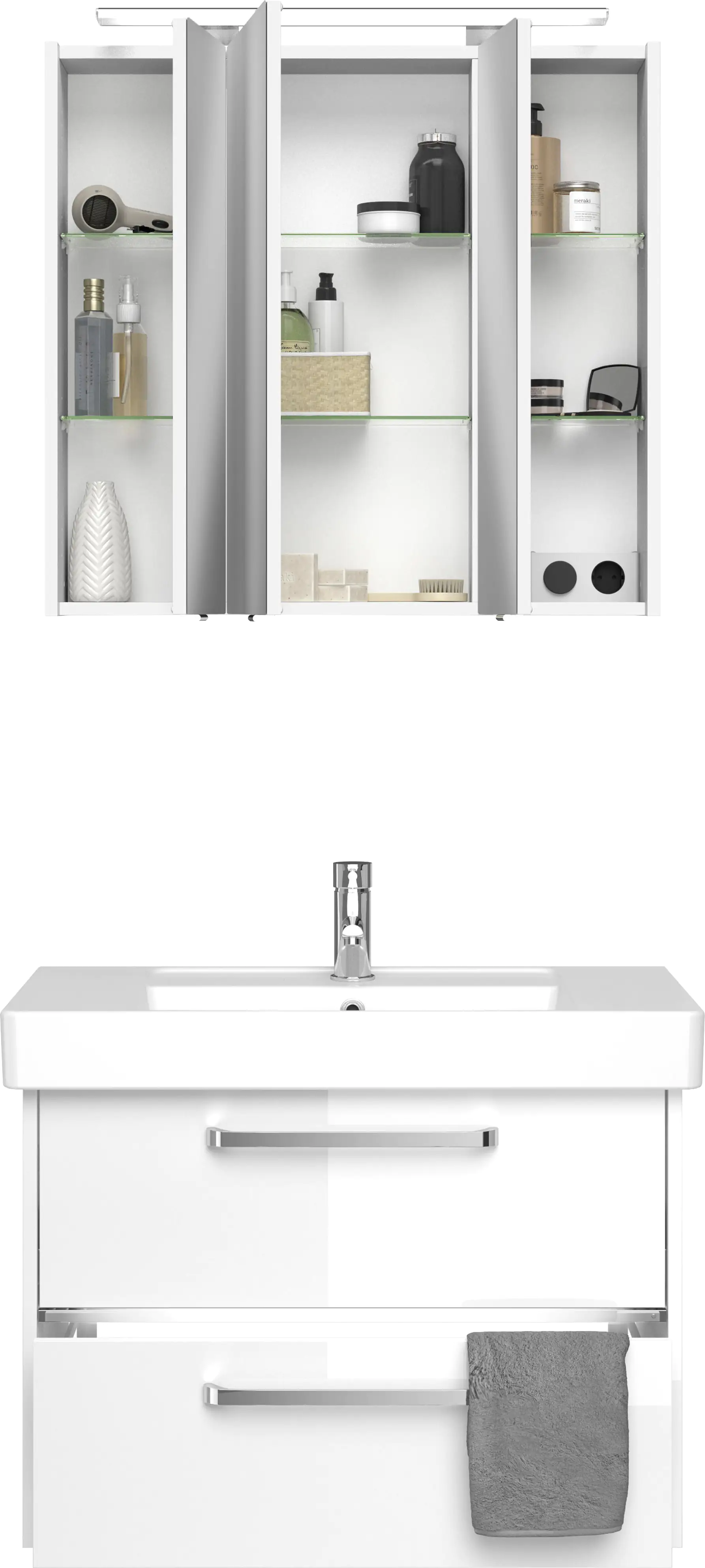 Primaster Badmöbel-Set Berlin weiß 80 cm LED-Leuchten, Keramikwaschtisch