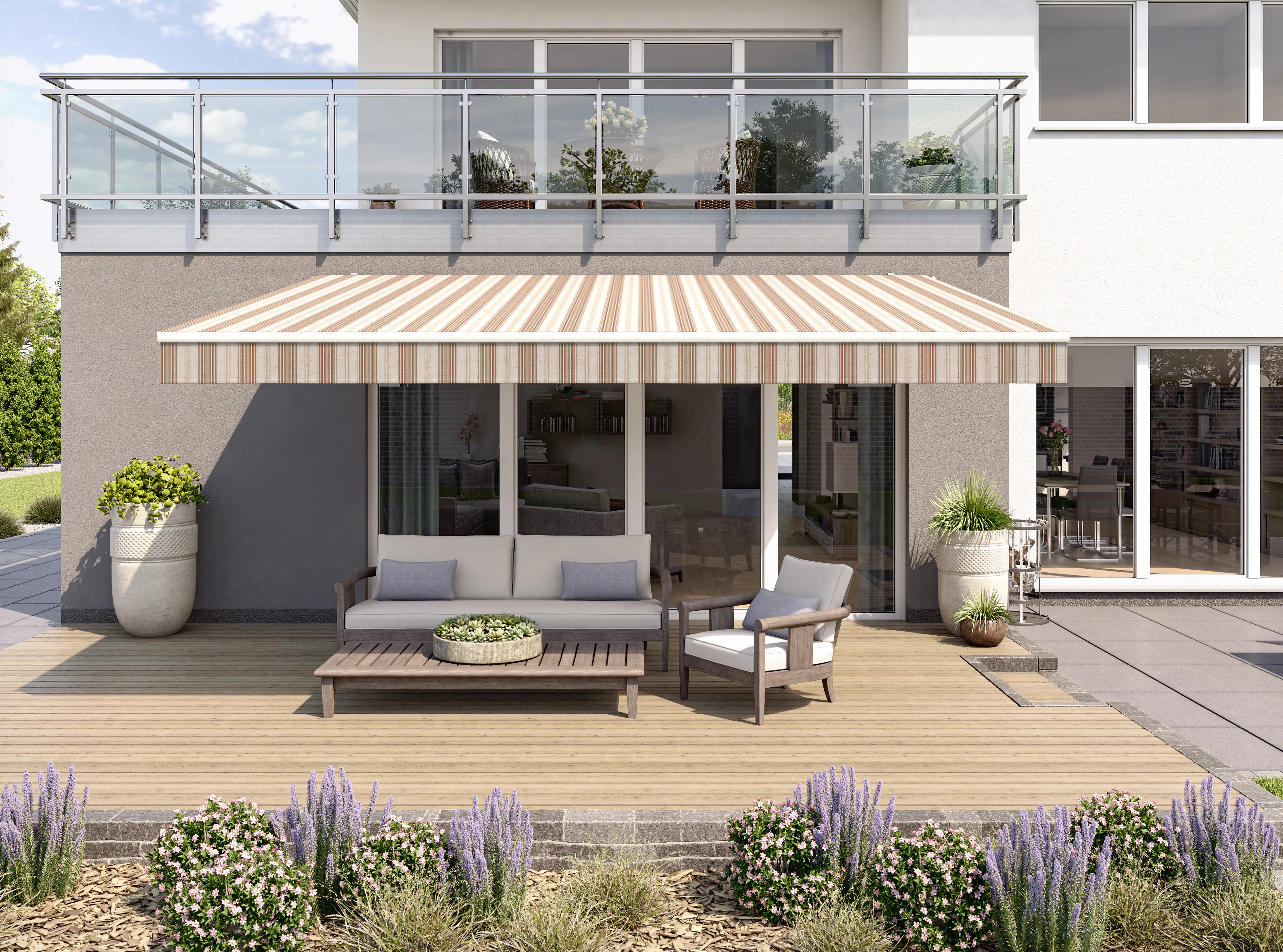 Gelenkarmmarkise Classic orange-braun gestreift inkl. Motor, Handsender, Solar Panel