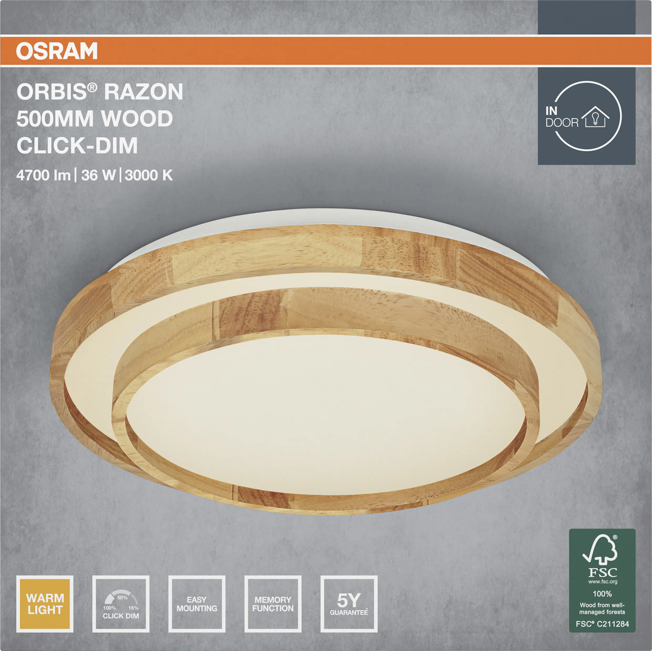 Osram LED-Deckenleuchte Orbis Razon Wood Ø 50 cm 36 W Holzdekor dimmbar