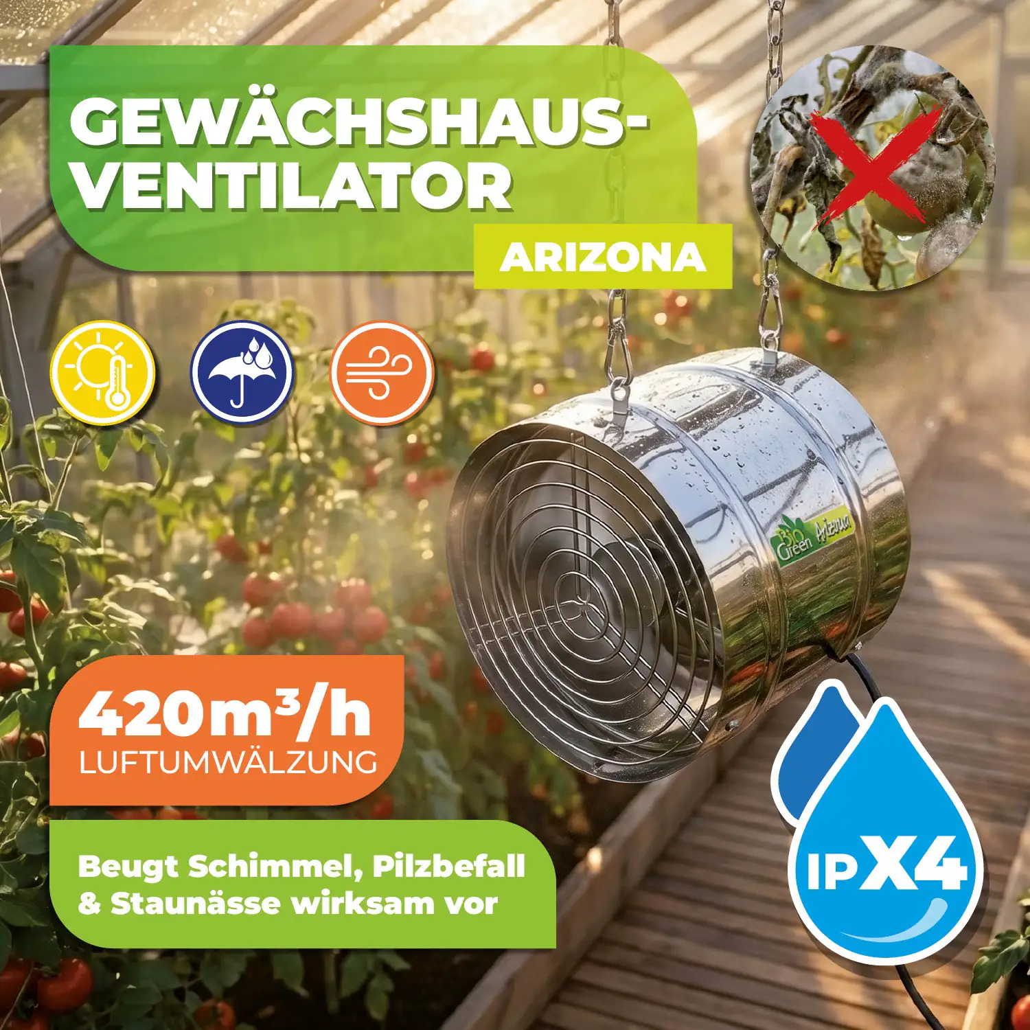 BioGreen Gewächshausventilator Arizona Ø 22 x 21 cm Edelstahl silber