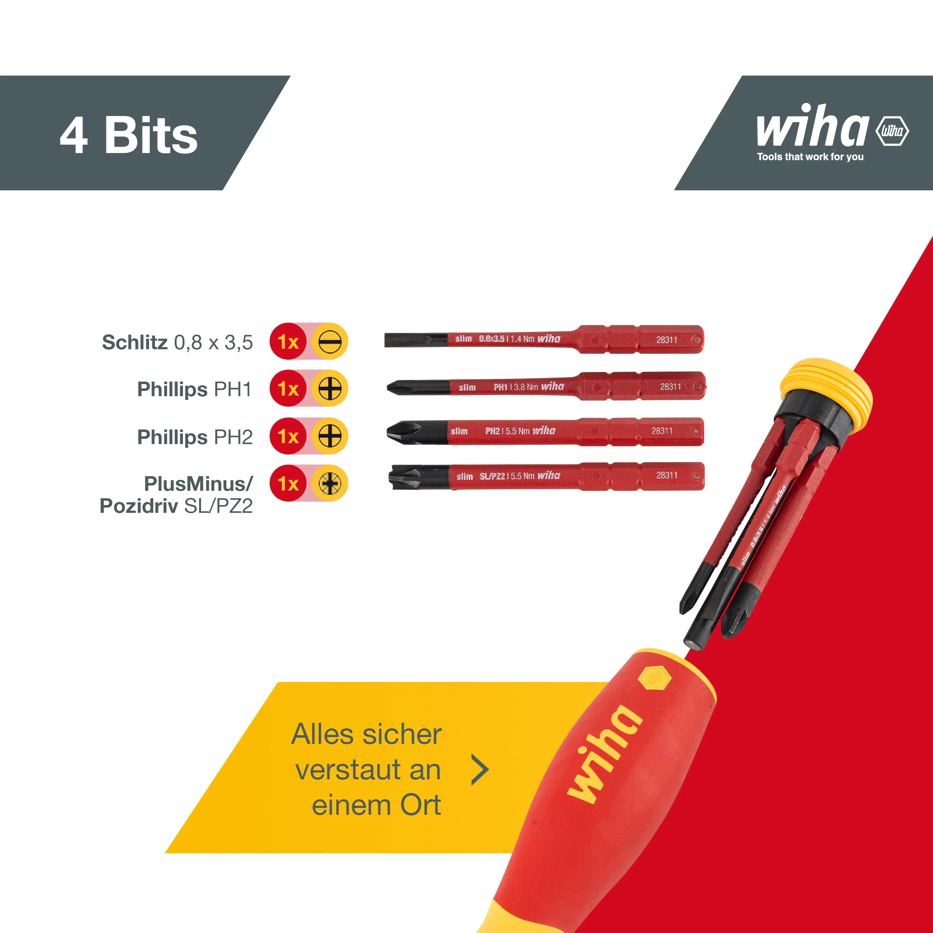 Wiha Schraubendreher Set gemischt PocketMax electric 4-teilig mit verstaubarem Bit Set Wiha Schraubendreher Set gemischt PocketMax electric 4-teilig mit verstaubarem Bit Set