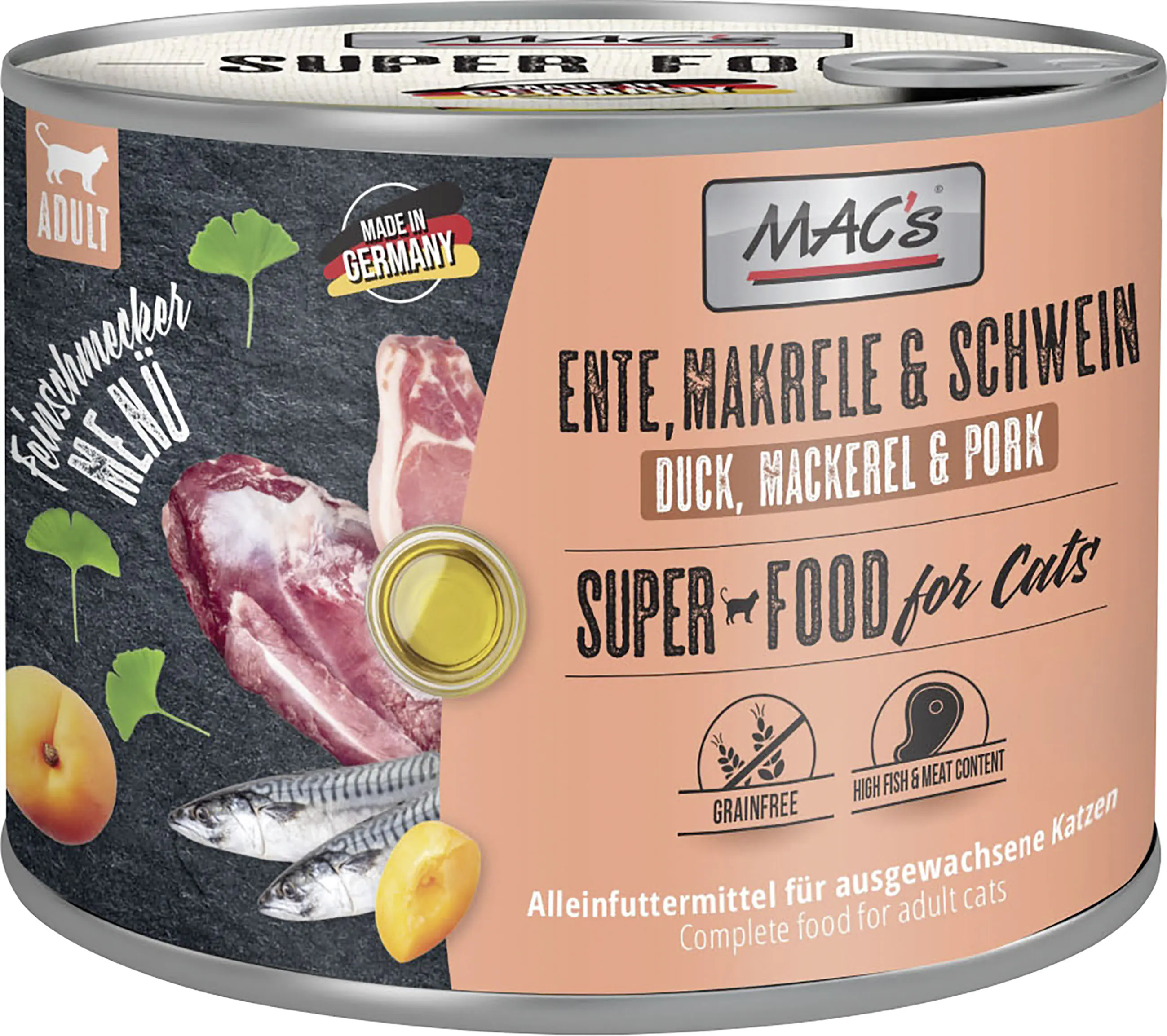Macs Cat Katzennassfutter Adult Feinschmecker getreidefrei 200 g Ente, Makrele & Schwein