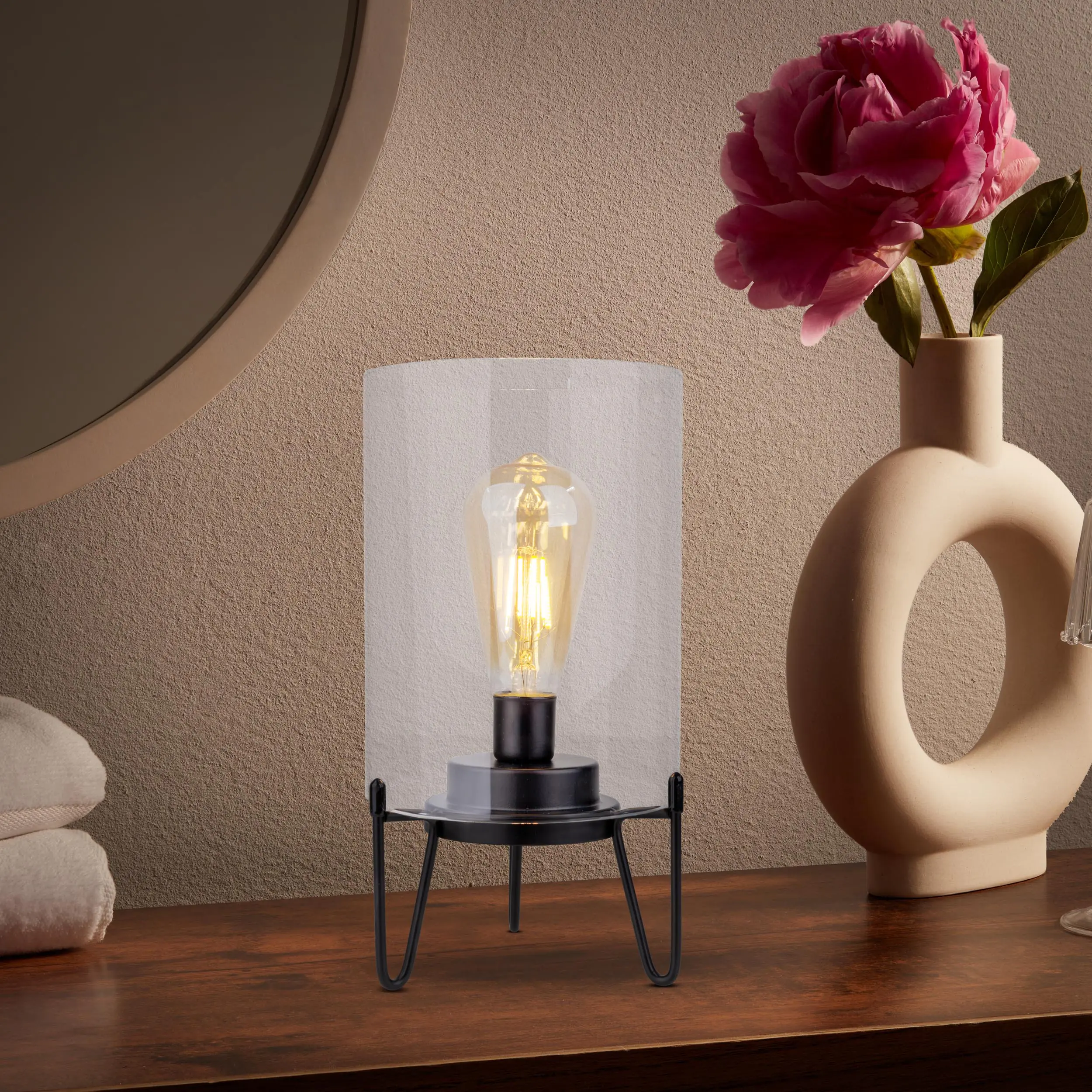 Light & More Akku LED-Tischleuchte Lonna 28,5 cm Ø 15 cm Glas