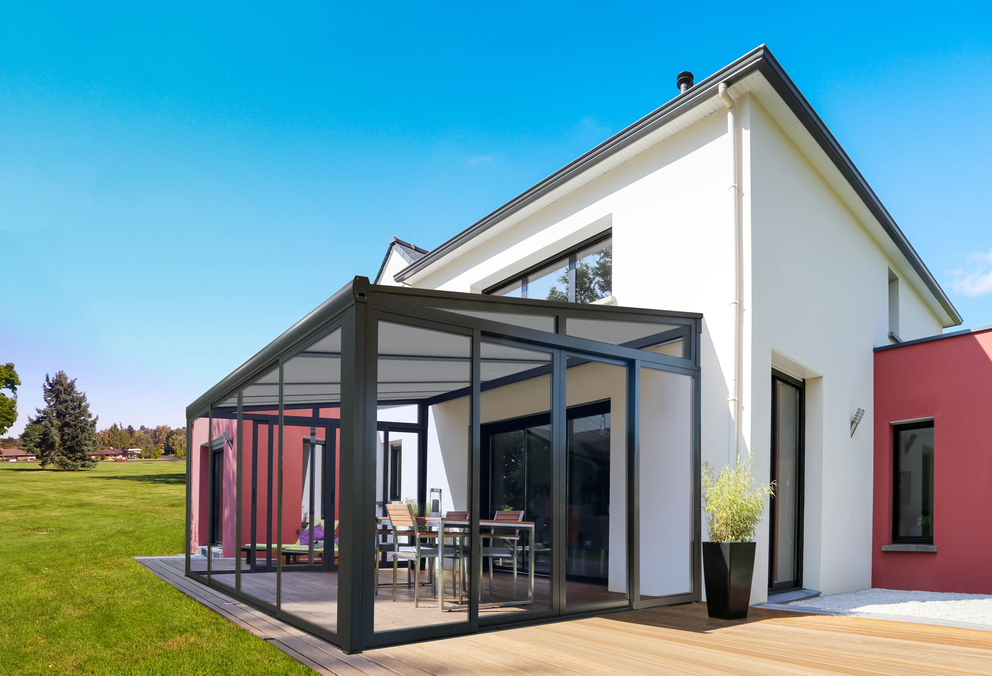 Wintergarten Classic 400 x 300 cm mit Glasschiebetüren grau