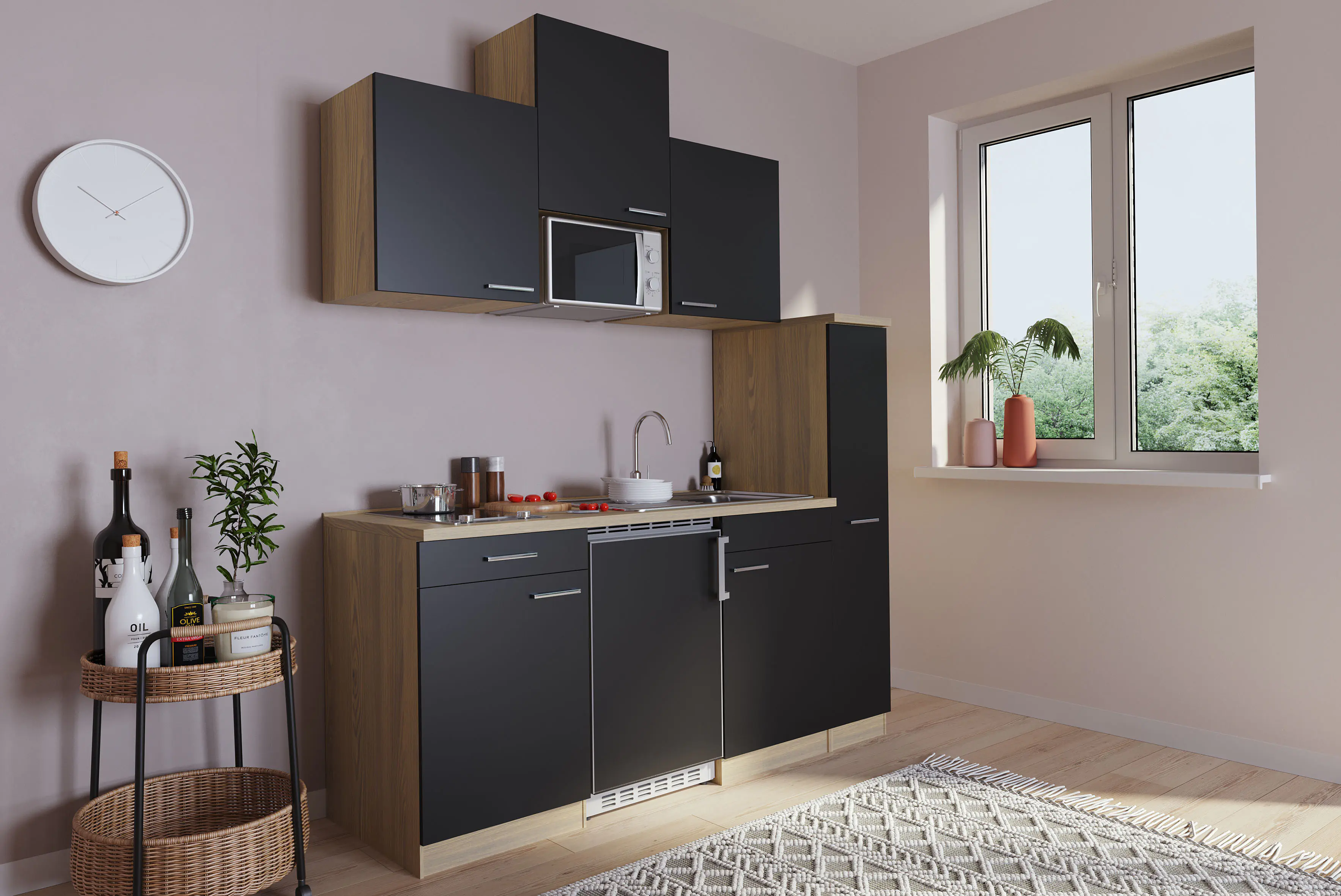 Respekta Economy Küchenblock 180 cm schwarz, Eiche Sonoma, KB180ESSMIC