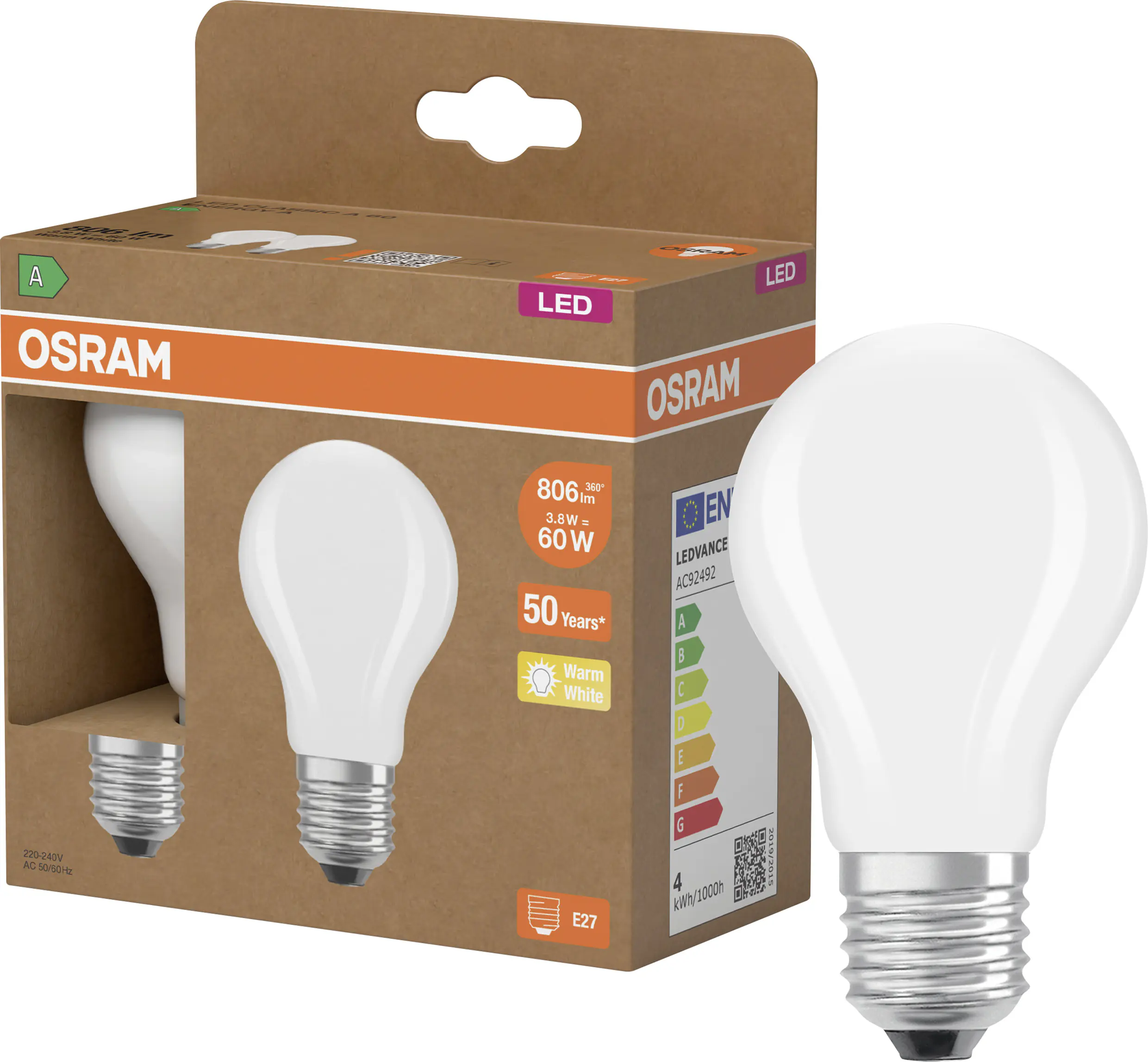 Osram LED Leuchtmittel E27 2er Pack Classic 3,8W matt warmweiß