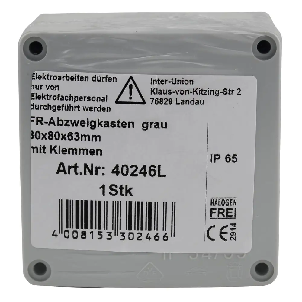 Abzweigkasten Aufputz IP 54 mit Klemmleiste 80 x 80 x 63 mm grau Abzweigkasten Aufputz IP 54 mit Klemmleiste 80 x 80 x 63 mm grau