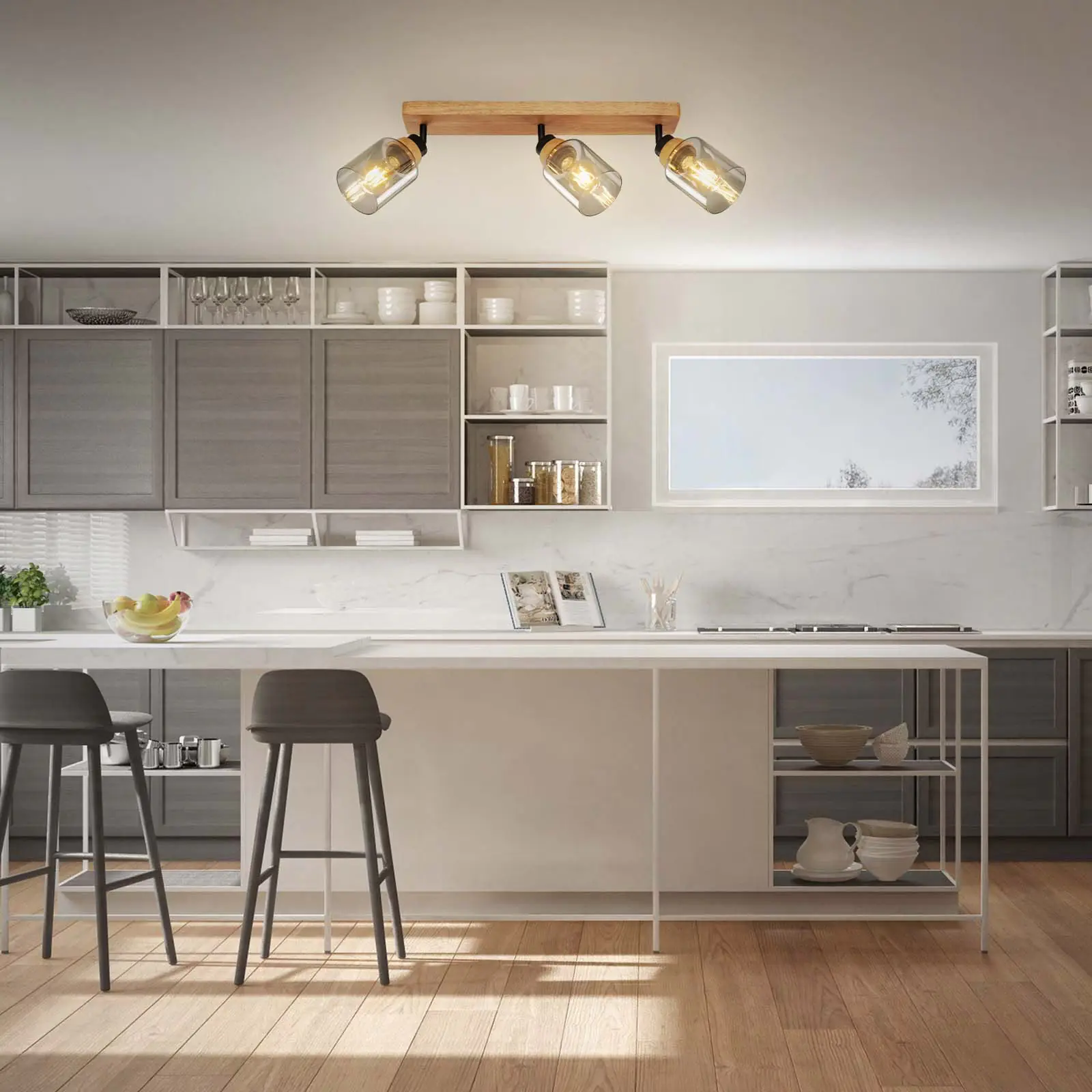 Briloner Spotleuchte mit Holz, Rauchglas 3xE27