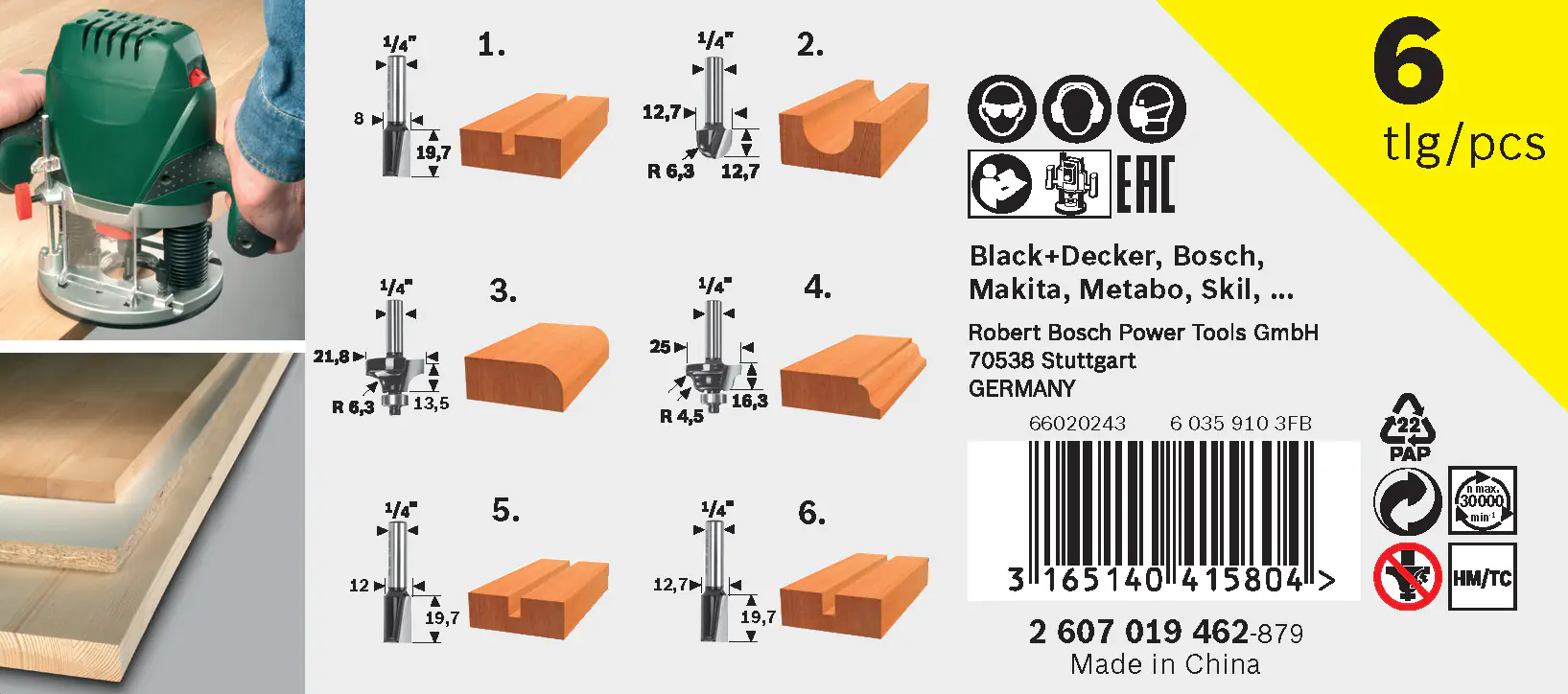 Bosch HM-Fräser-Set 6 mm Schaft 6-teilig Bosch HM-Fräser-Set 6 mm Schaft 6-teilig