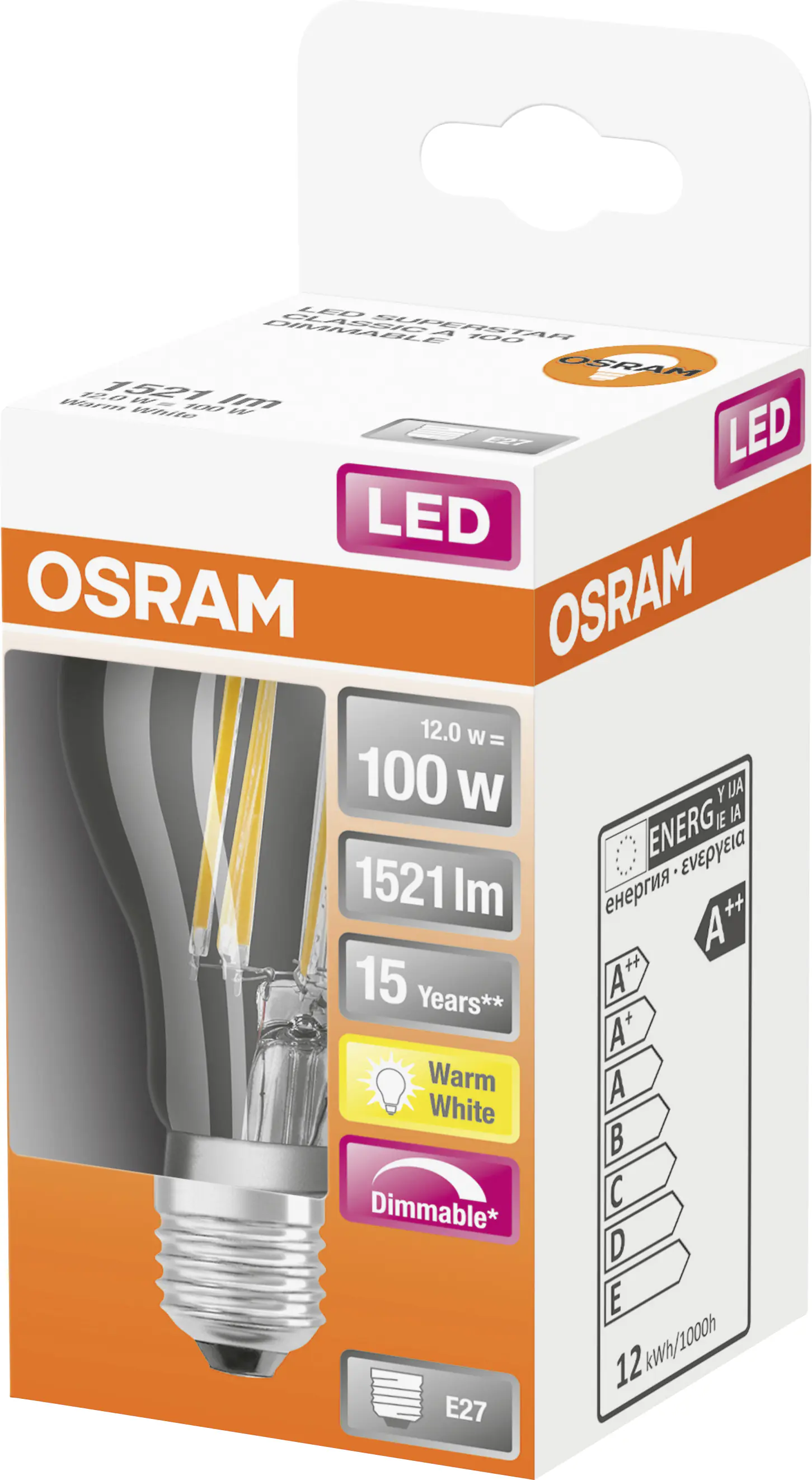 Osram LED-Leuchtmittel Superstar Classic A E27 12W warmweiß, dimmbar, klar