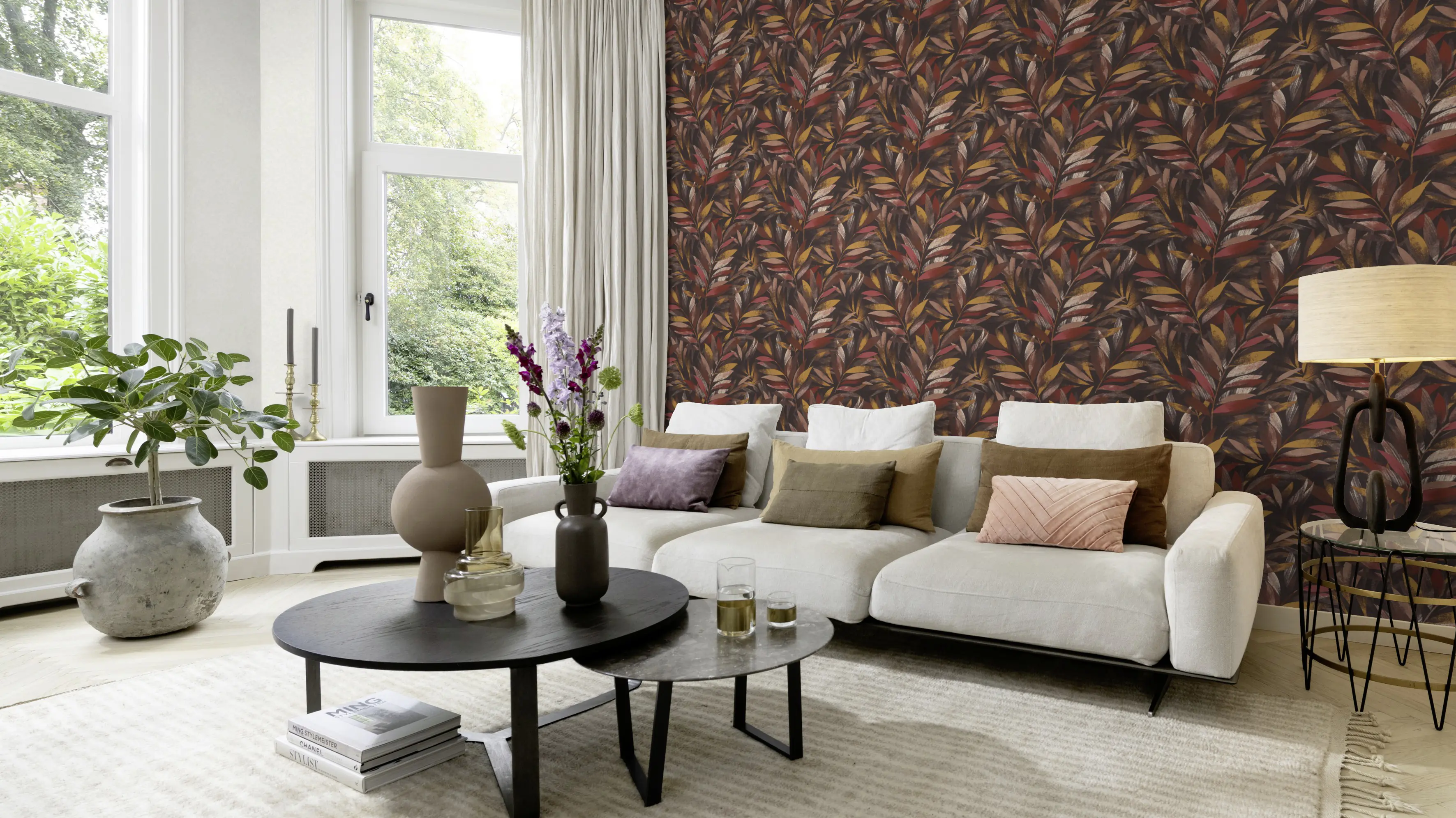 Rasch Vliestapete Muster Blätter dunkelrot senfgelb 10,05 x 0,53 m