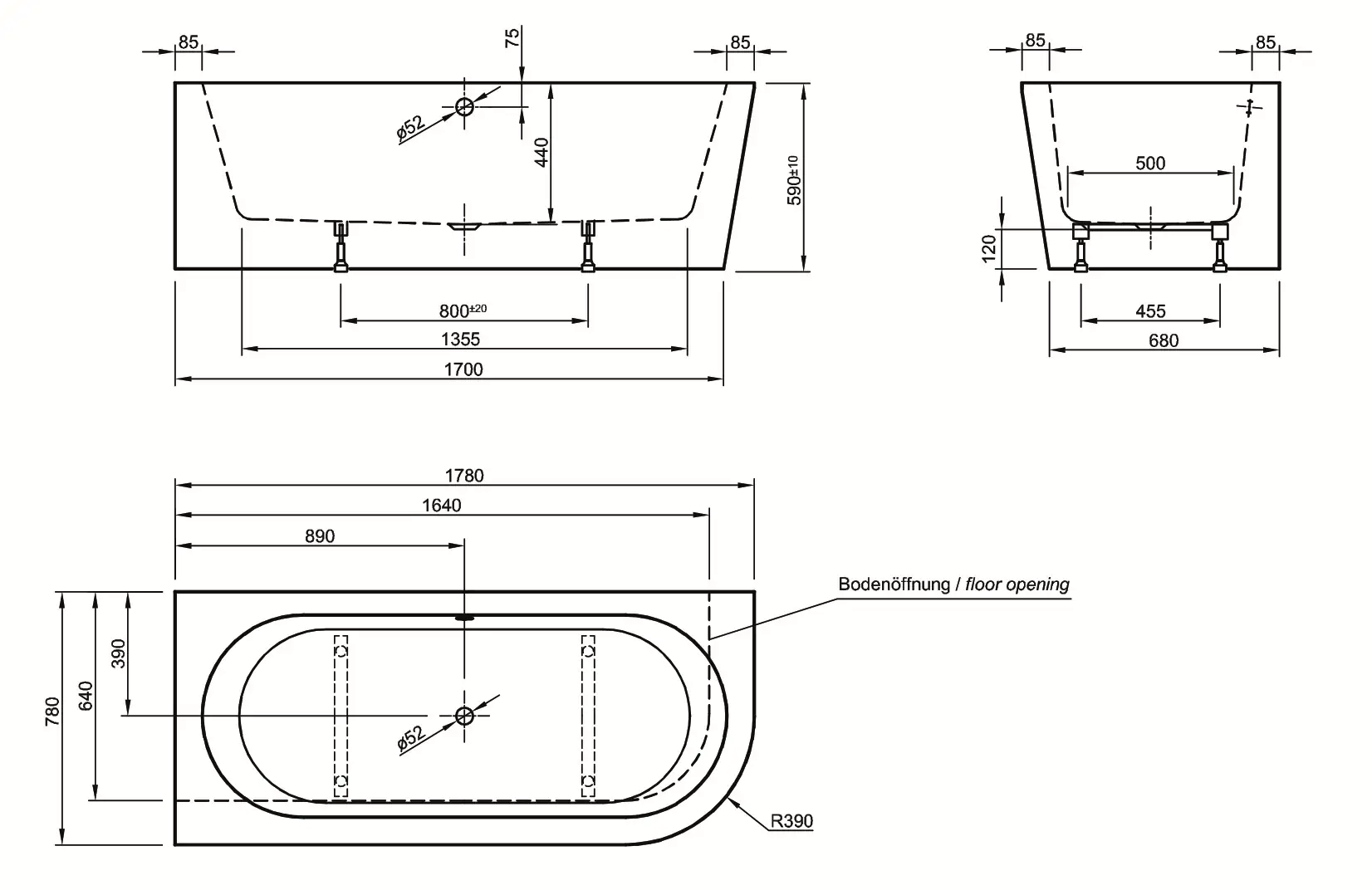 Ottofond Freistehende Badewanne Modena Corner Weiß rechts 178 x 78 x 44 cm