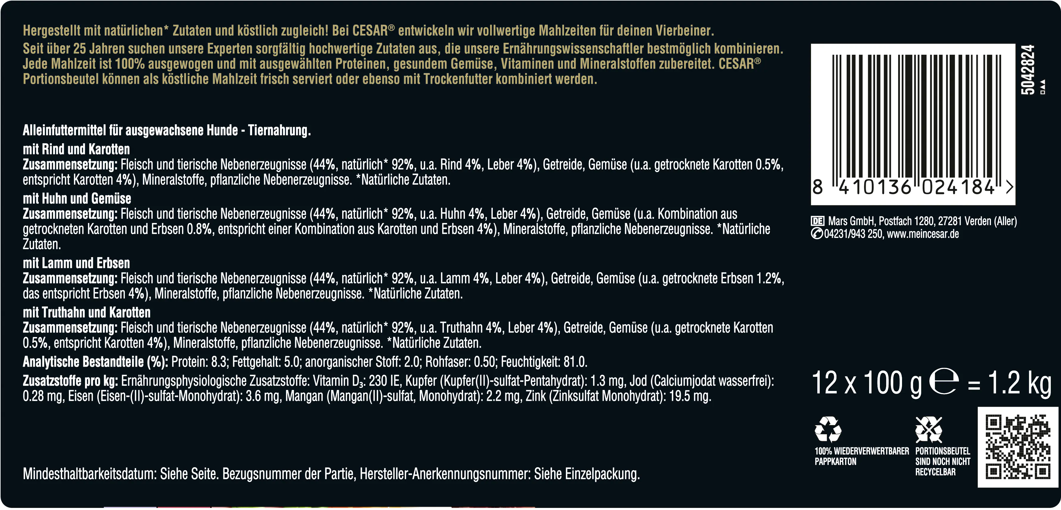 Cesar Hundenassfutter Adut 12 x 100 g in Sauce mit Fleisch