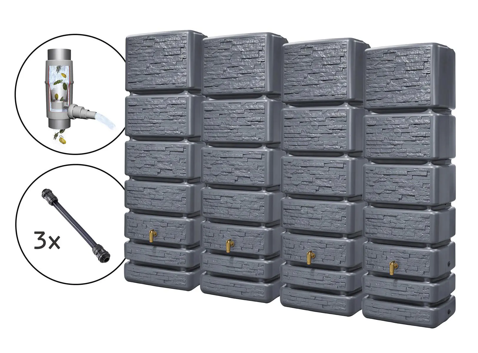 4rain Regentonne-Set Slim Stone Decor inkl. Zubehör Wandtank 1400 L graphitgrau 4 Stück