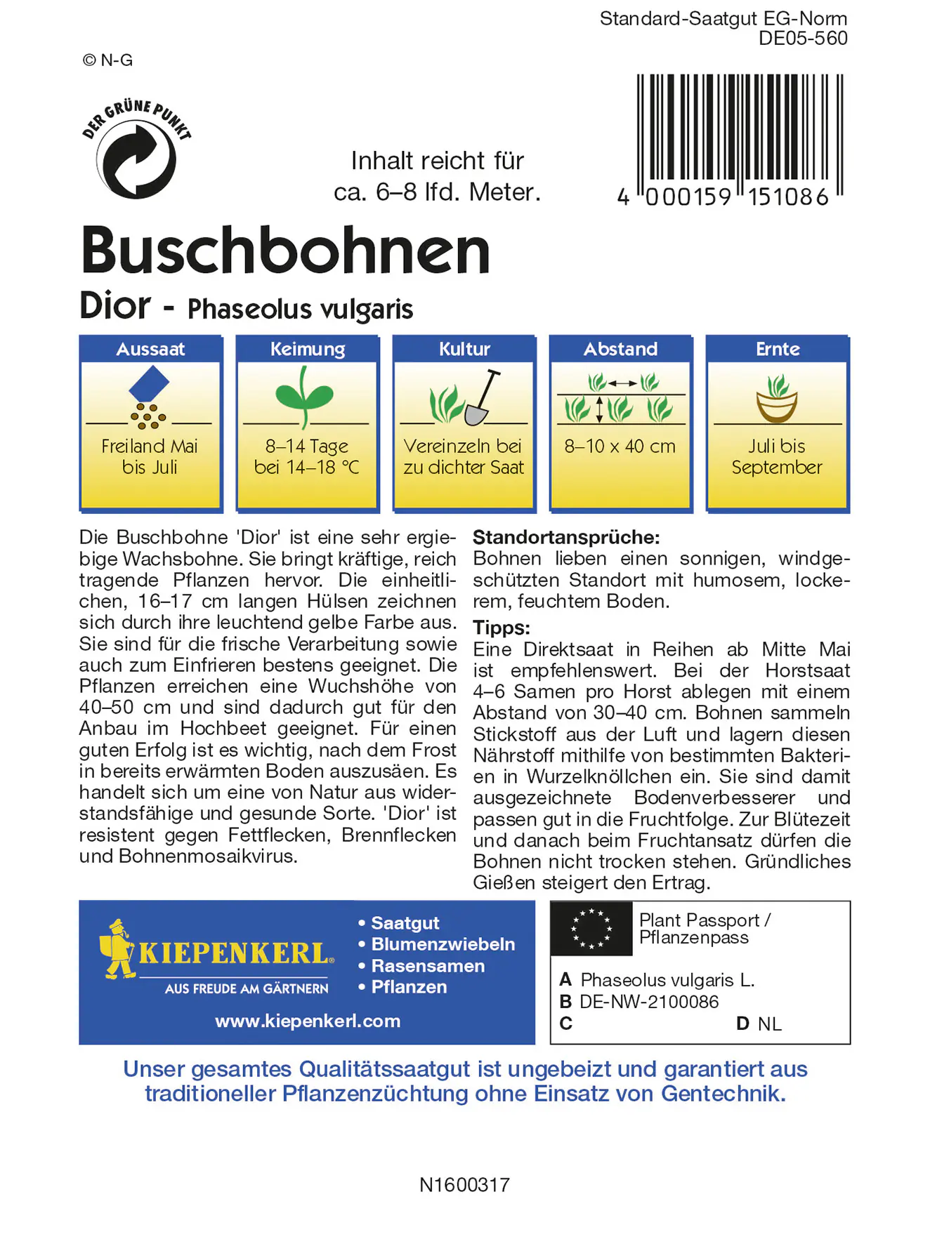 Kiepenkerl Buschbohne Dior Inhalt reicht für 6-8 lfd. Meter