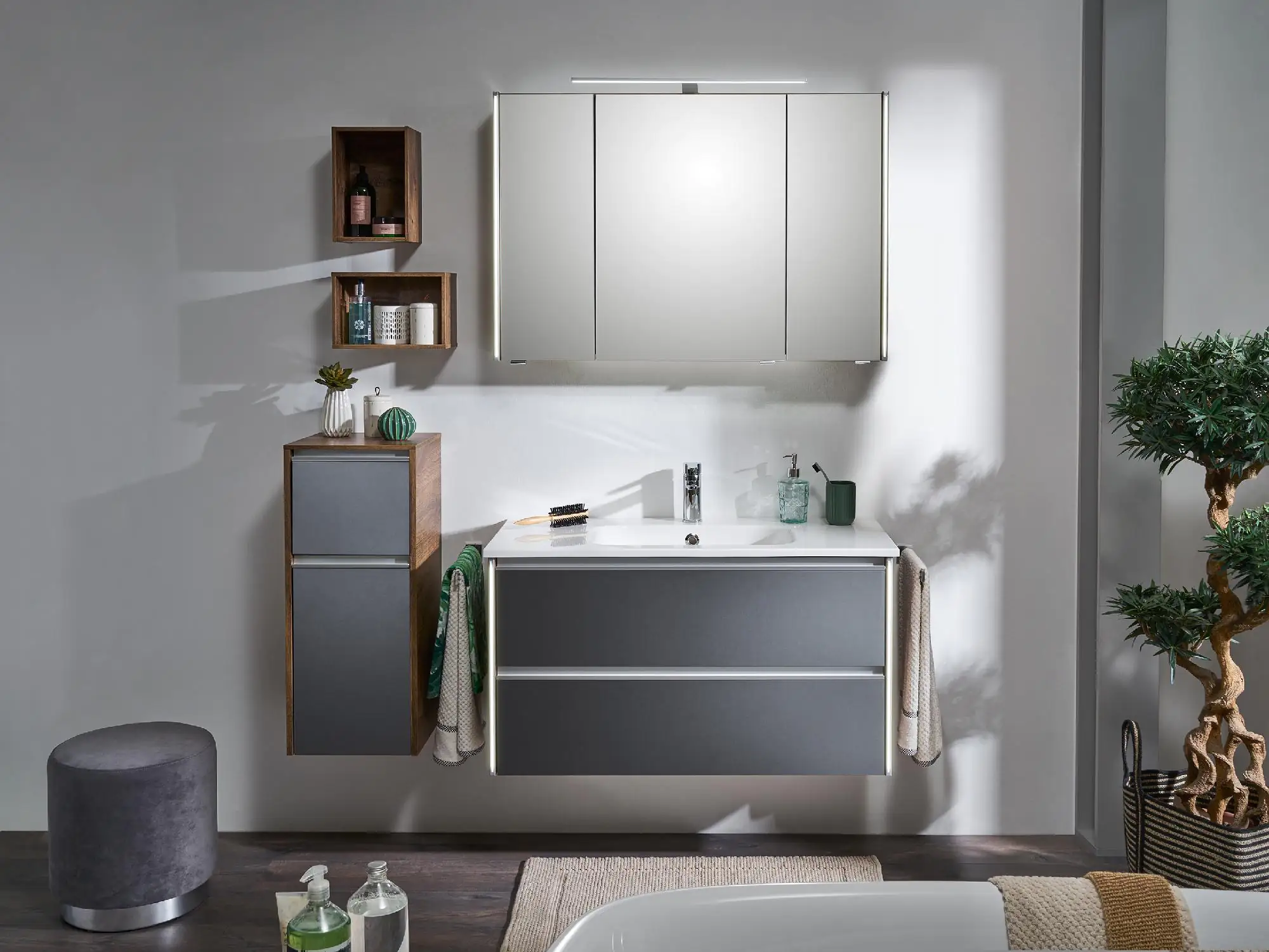 Pelipal Badmöbel-Set 6040 Stahlgrau/Eiche Ribbeck mit LED-Profil + Unterschrank 137 cm