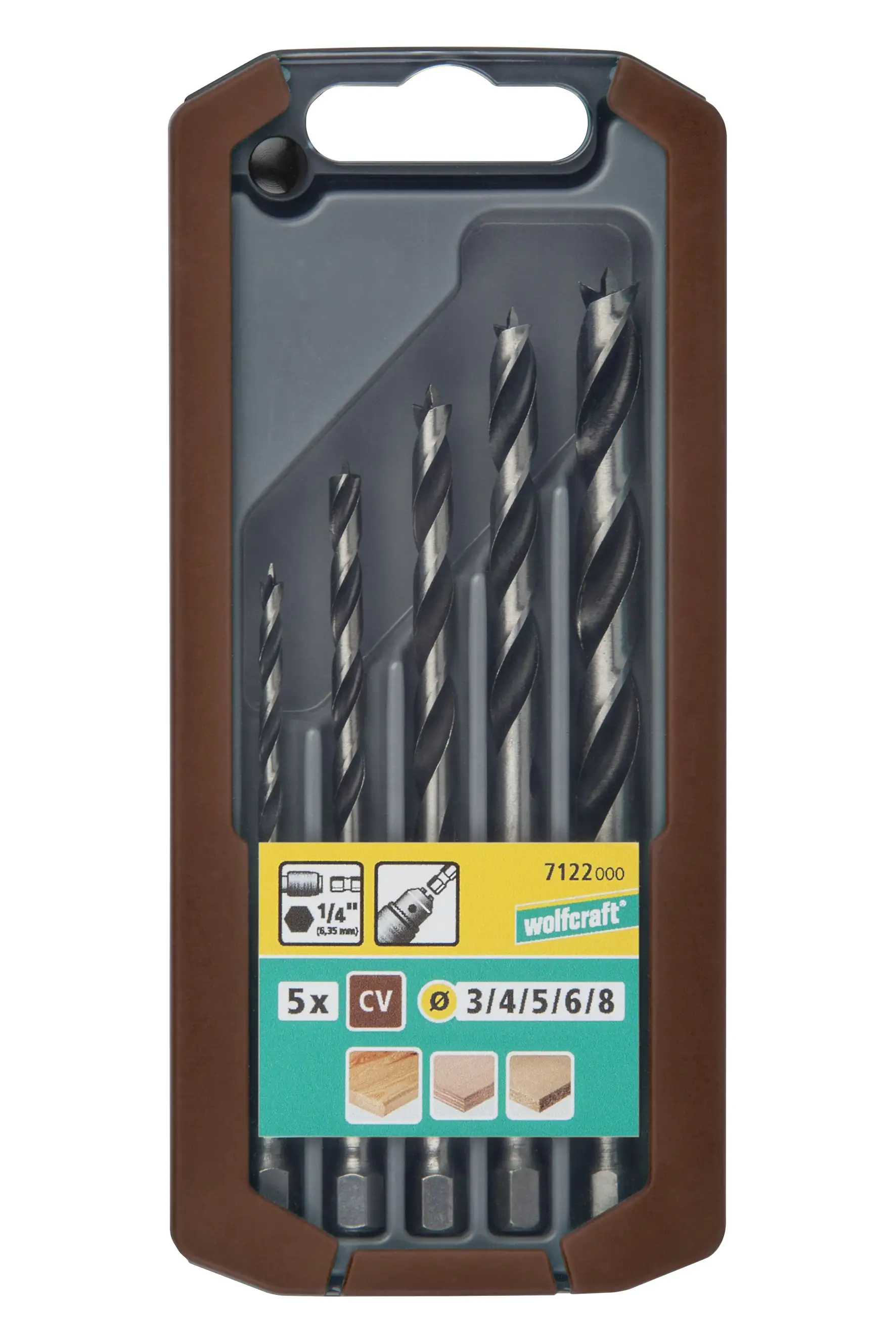 4006885712201 Wolfcraft Holzspiralbohrer-Set CV-Sechskant-Schaft Ø 3 - 8 mm 5-teilig