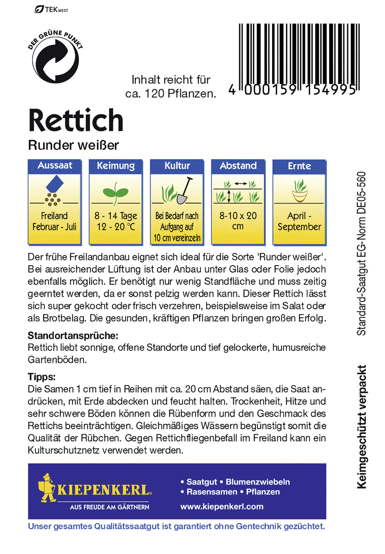 Kiepenkerl Rettich Runder weißer Inhalt reicht für ca. 120 Pflanzen