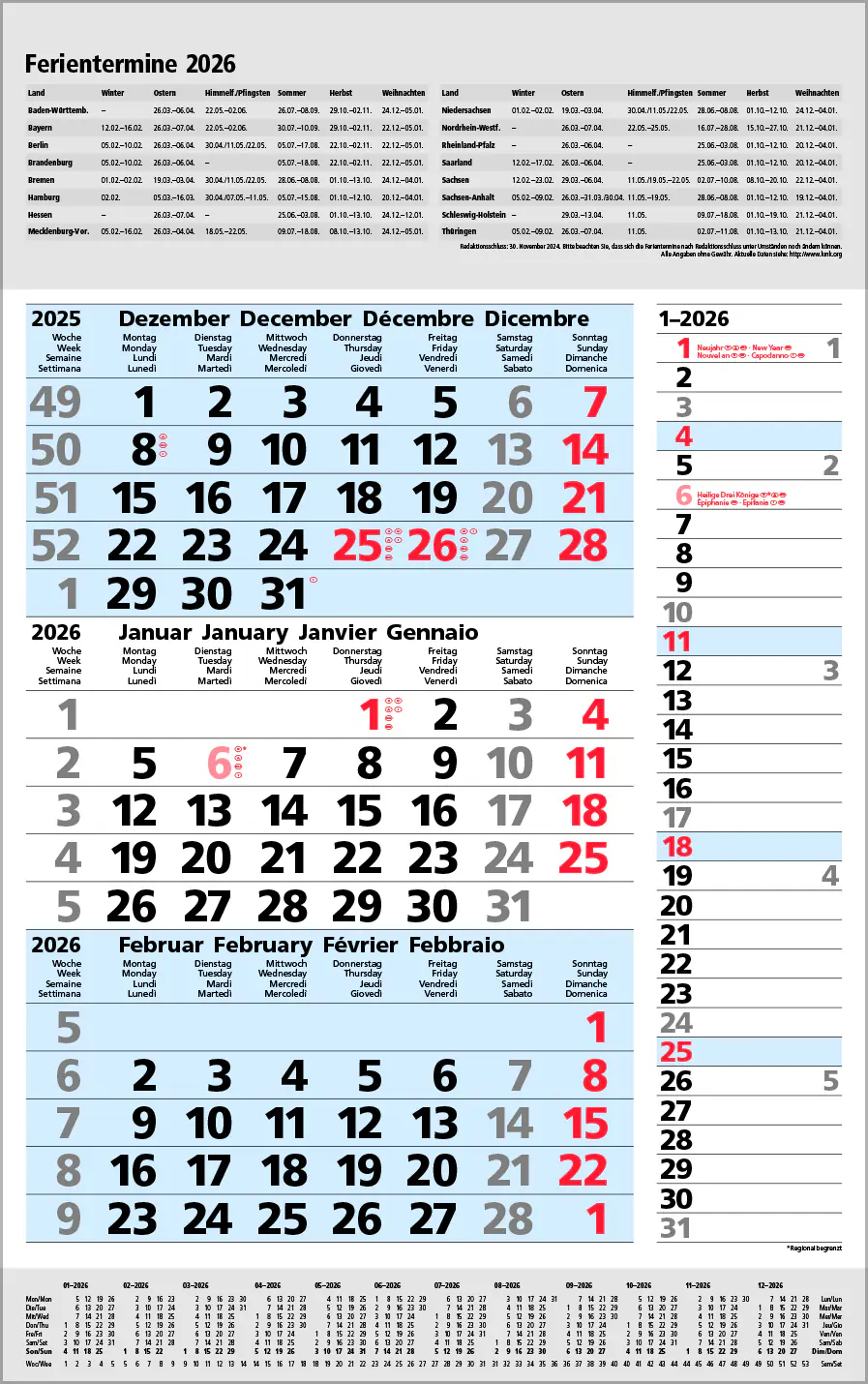 Korsch Kalender 3-Monats-Planer Combi 2026 blau/grau