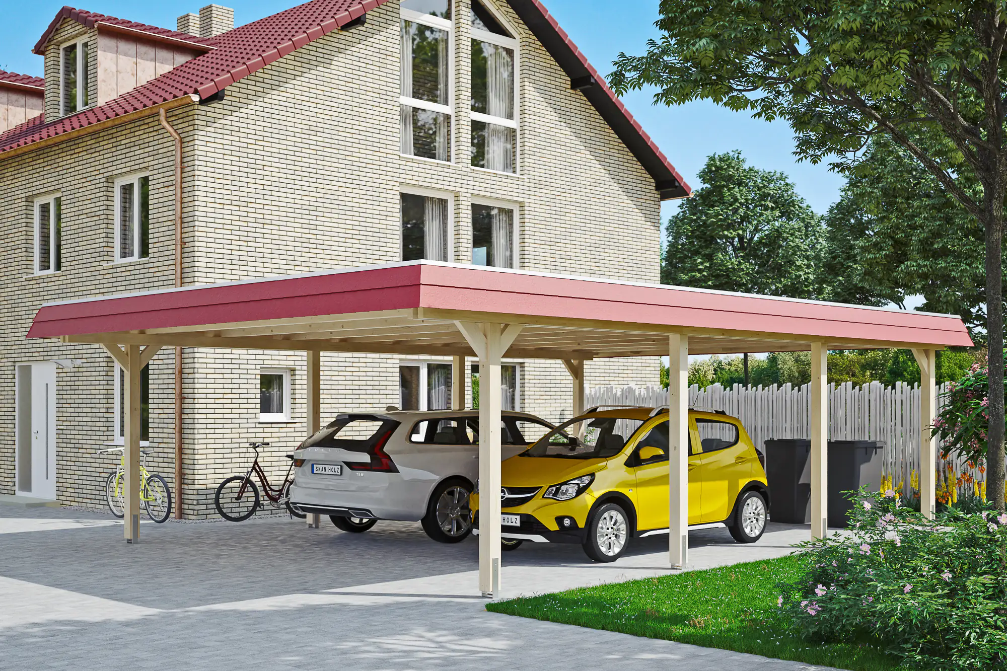 4018211026142 SKAN HOLZ Carport Wendland 630 x 879 cm mit EPDM-Dach, rote Blende