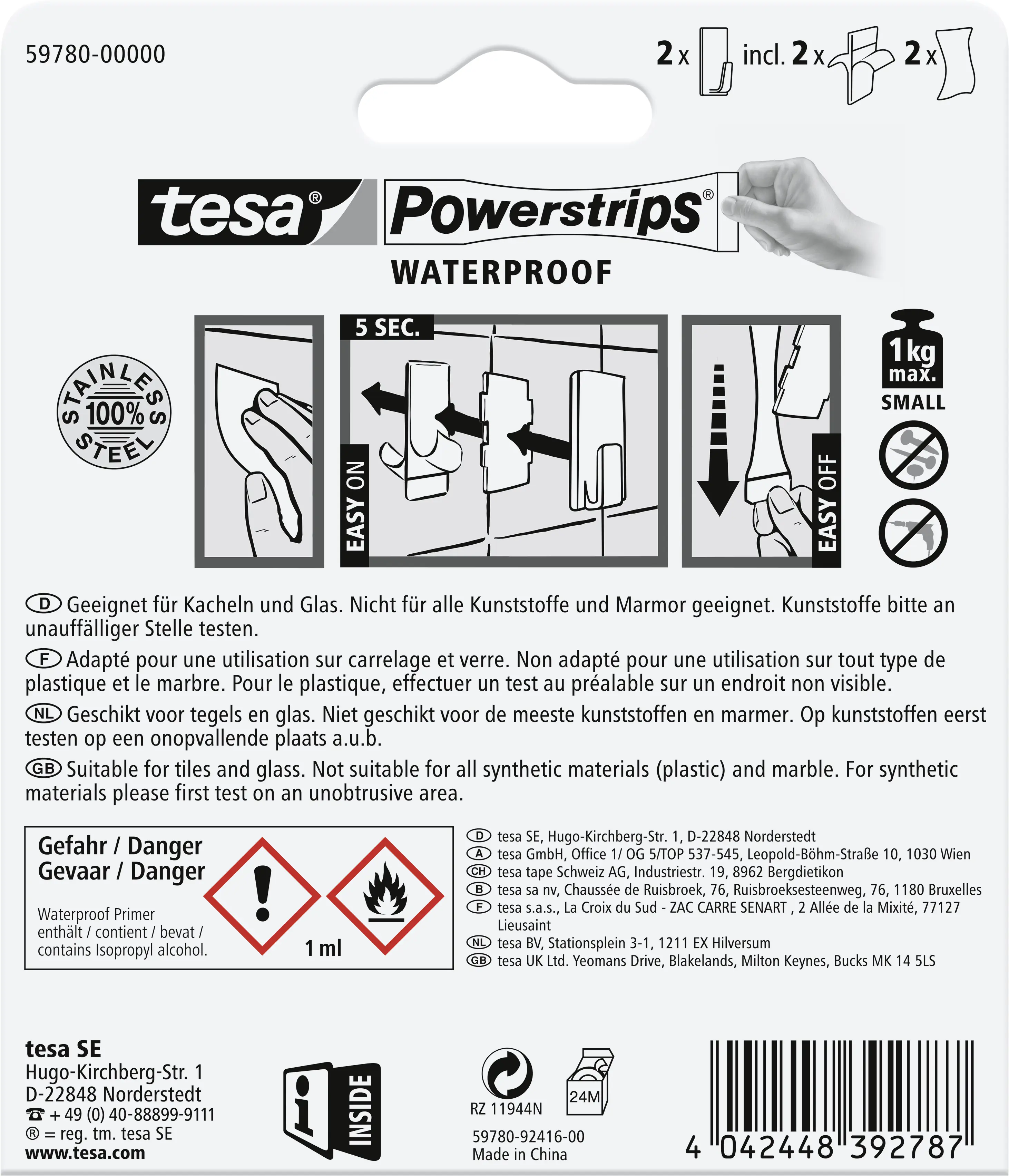 tesa Powerstrips Haken Small Waterproof rechteckig, Edelstahl