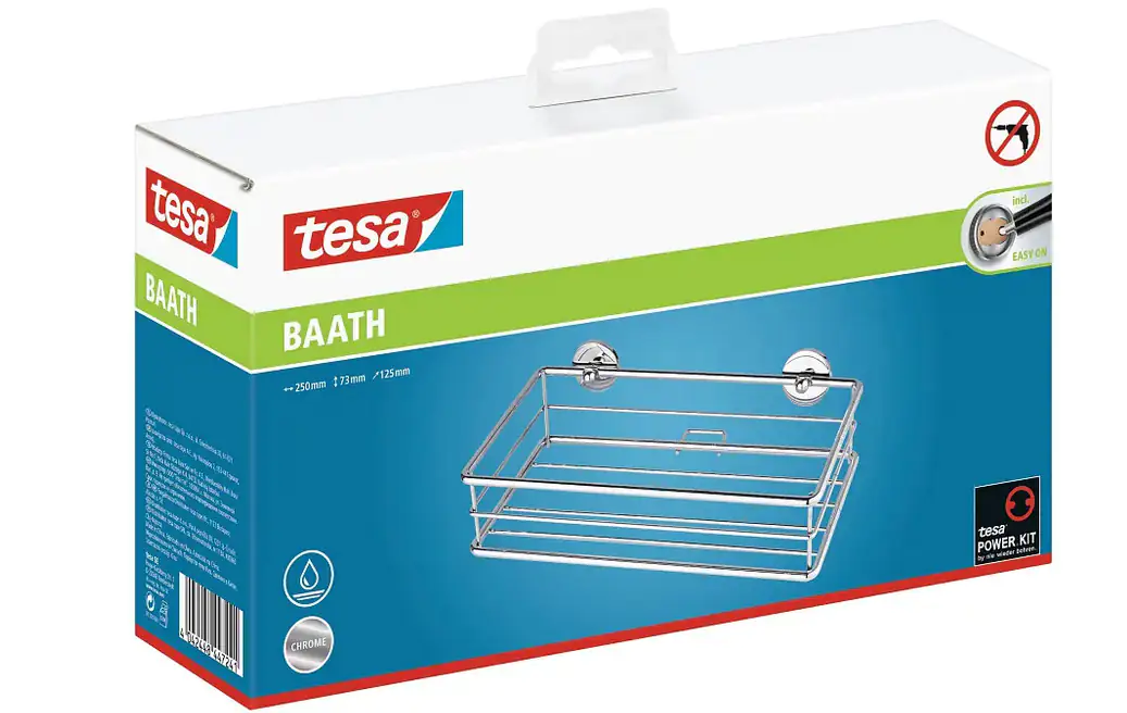 Tesa Ablagekorb BAATH+ einstöckig, 4-eckig, verchromt, inkl. Klebelösung