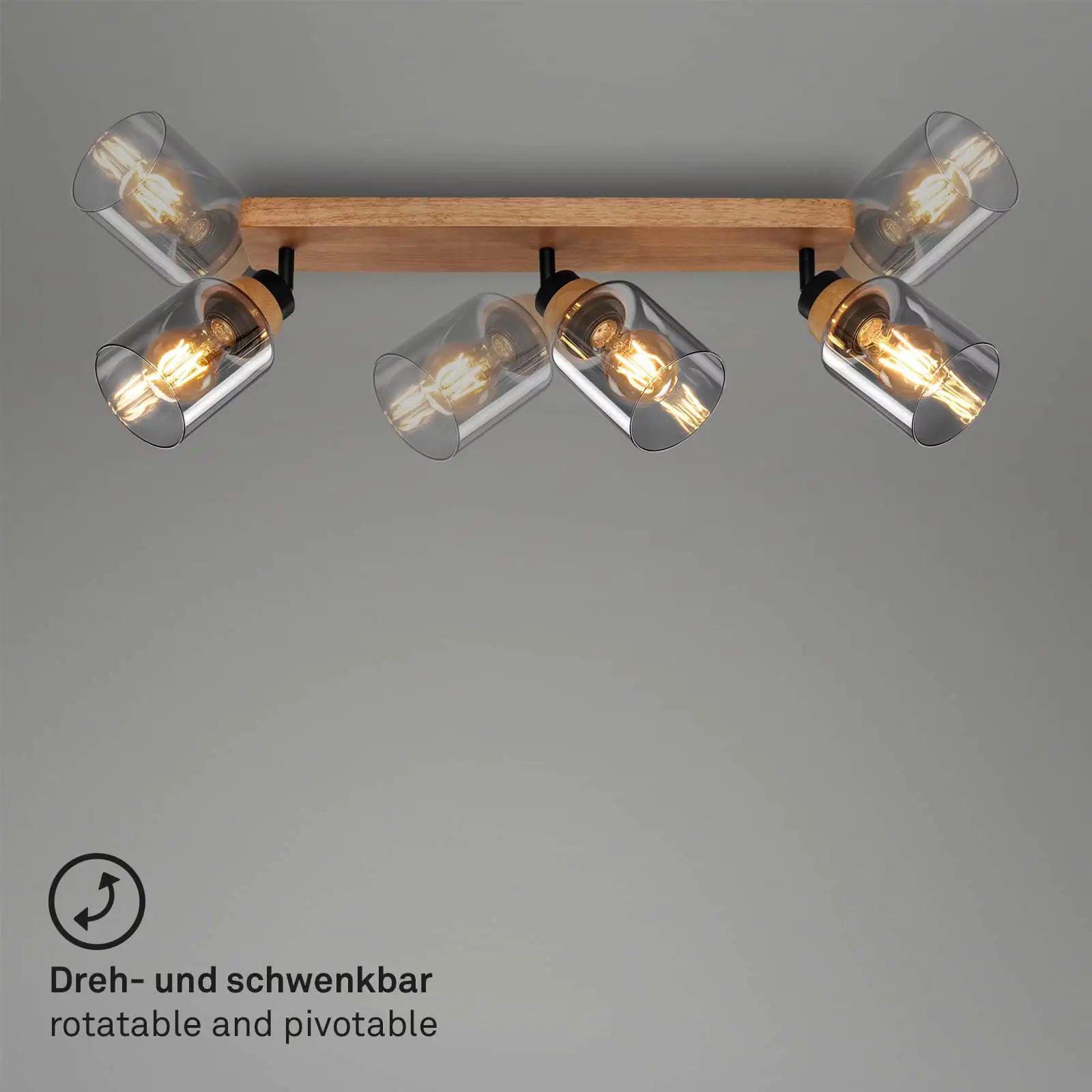 Briloner Spotleuchte mit Holz, Rauchglas 3xE27