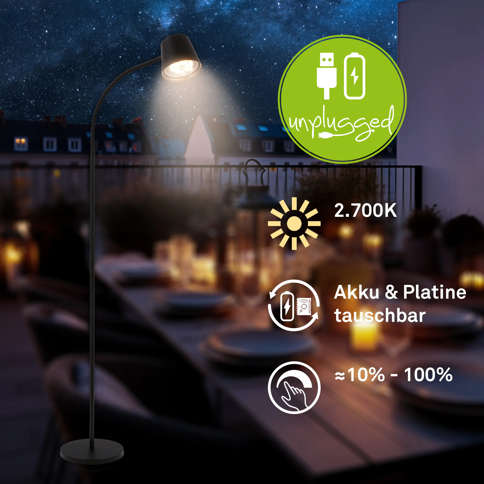 Brilloner LED-Akku-Stehleuchte Cielo 5,5 W Metall schwarz warmweiß