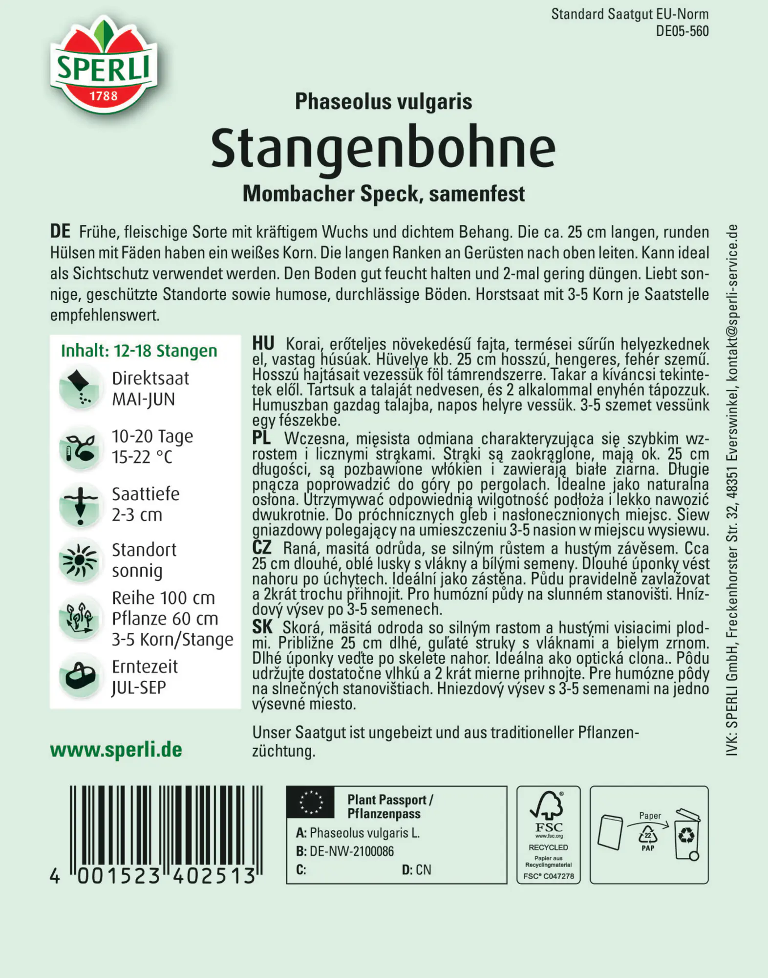 Sperli Saatgut Stangenbohnen Mombacher Speck für ca. 13-18 Stangen