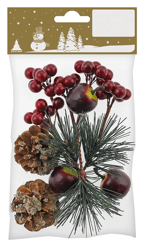 Bastelsortiment mit Zweigen, Zapfen/Beeren/Äpfel an Draht