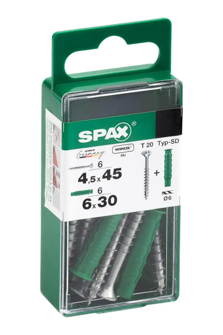 Spax Universalschrauben + Dübel 4.5 x 45 mm TX 20 6 Schrauben + 6 Dübel Spax Universalschrauben + Dübel 4.5 x 45 mm TX 20 6 Schrauben + 6 Dübel