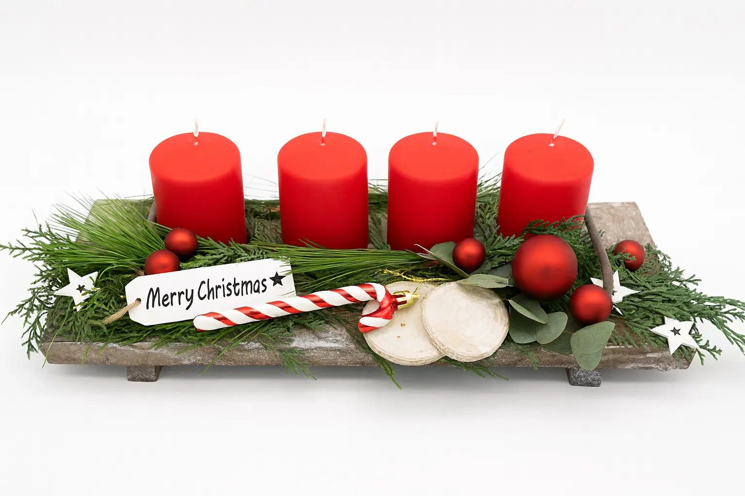 Adventsgesteck mit rubinroten Kerzen L 40 x B 14 cm