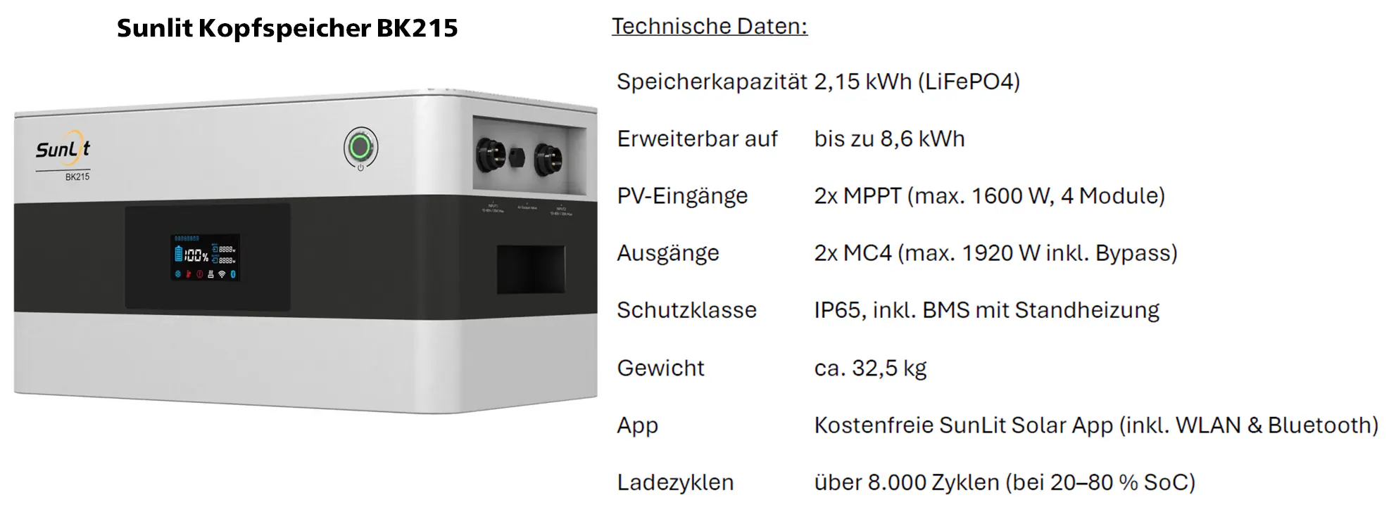 Sunlit Kopfspeicher für Balkonkraftwerk BK215 2150 Wh