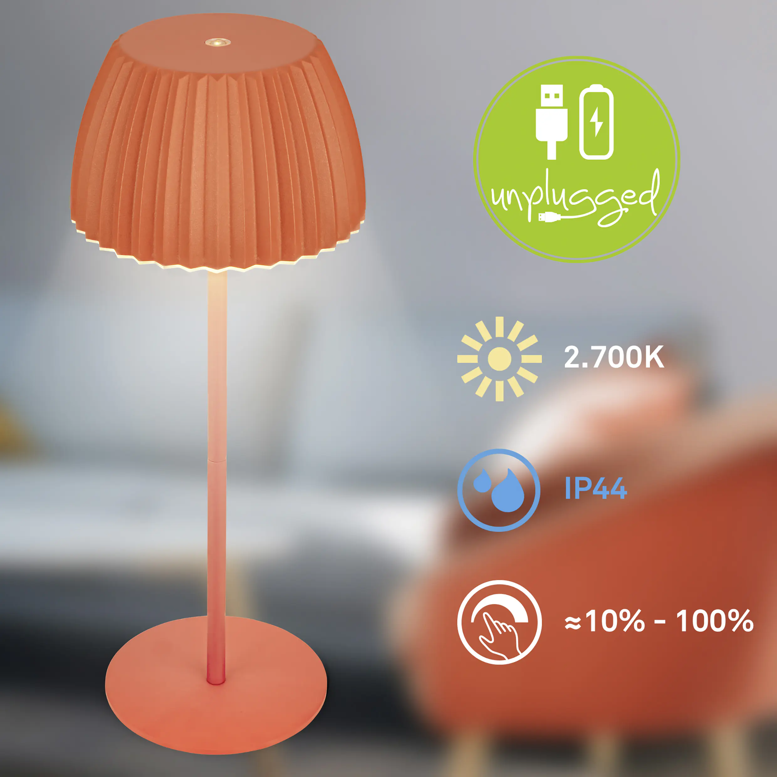 Briloner LED-Tischleuchte Riffle mit Akku orange dimmbar