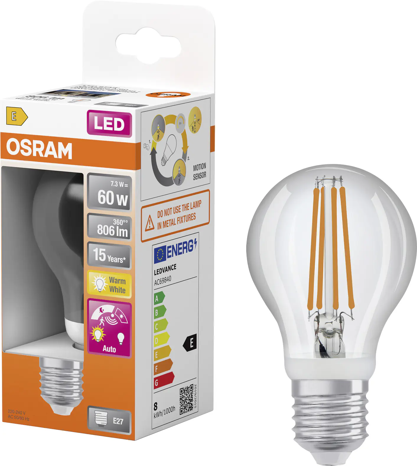Osram LED Leuchtmittel Classic A60 mit Bewegung & Tageslichtsensor E27 7,3 W warmweiß